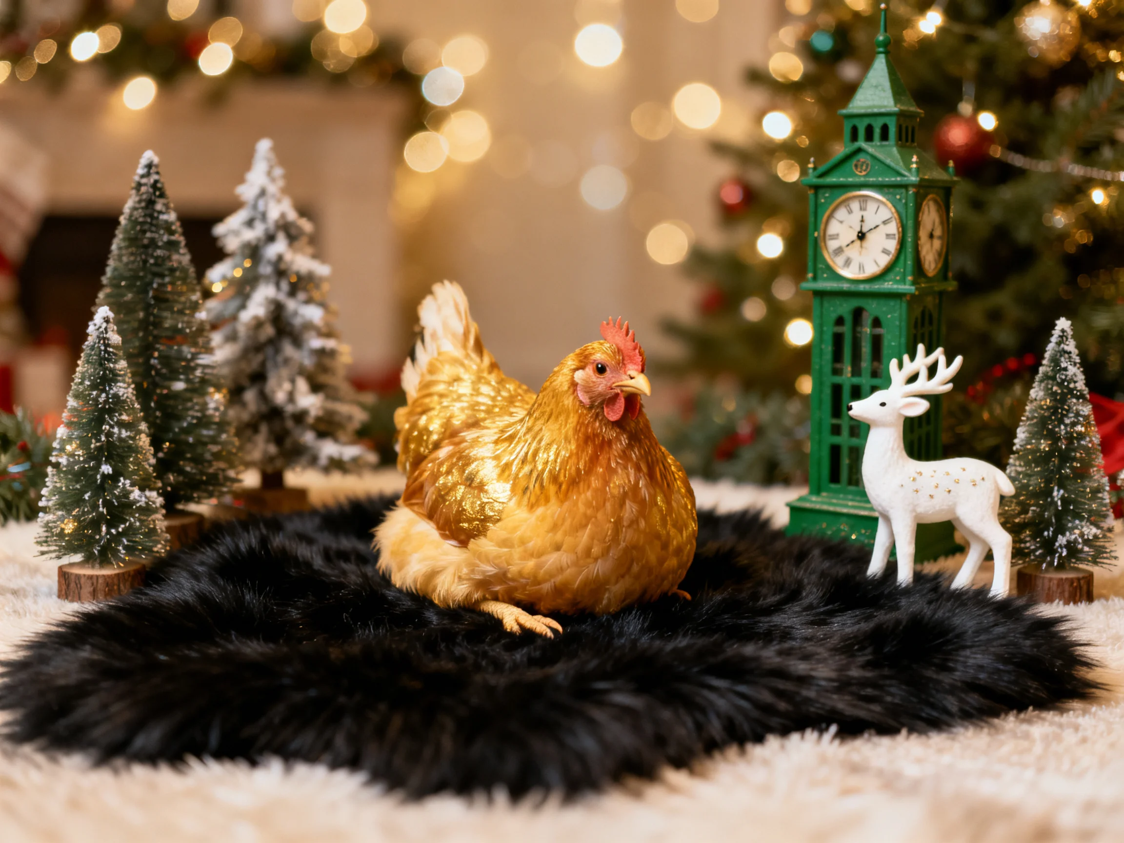 A golden hen amidst festive Christmas decor with miniature trees and a green clock tower