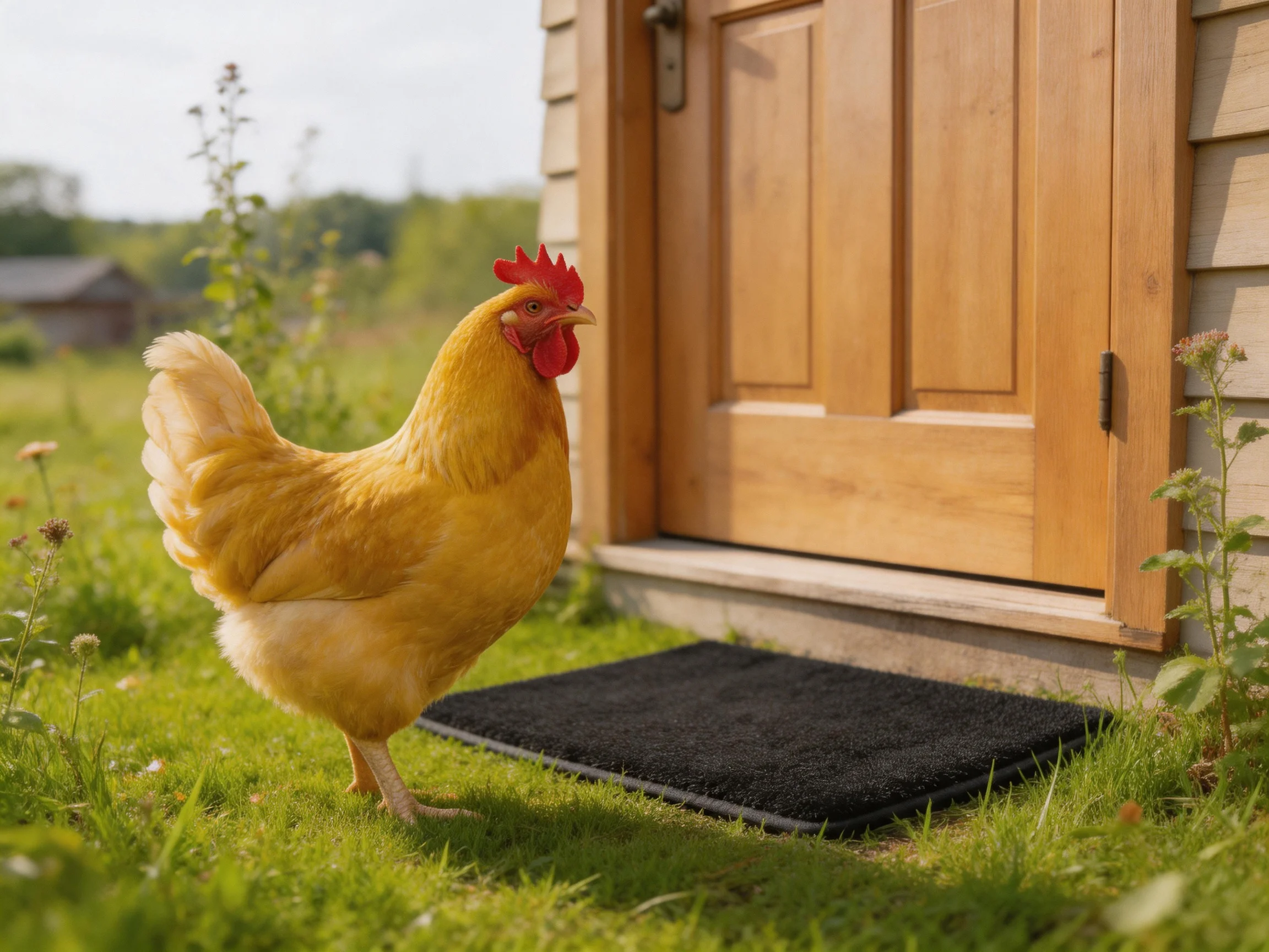 A golden hen stands beside a wooden coop door on green grass