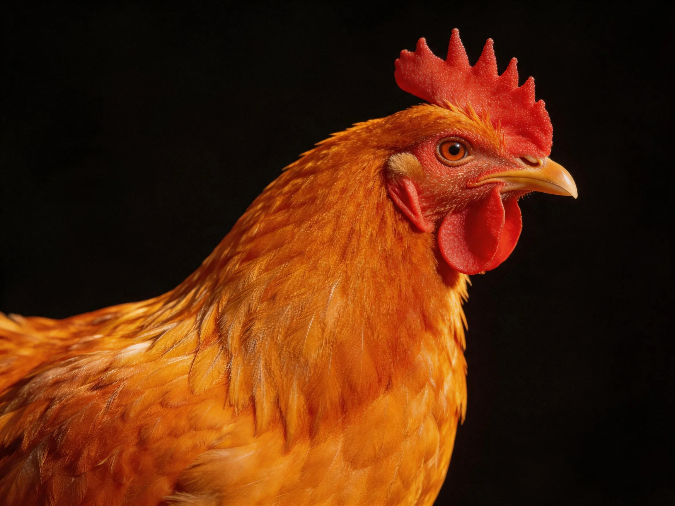 A golden-orange chicken with red comb and wattles