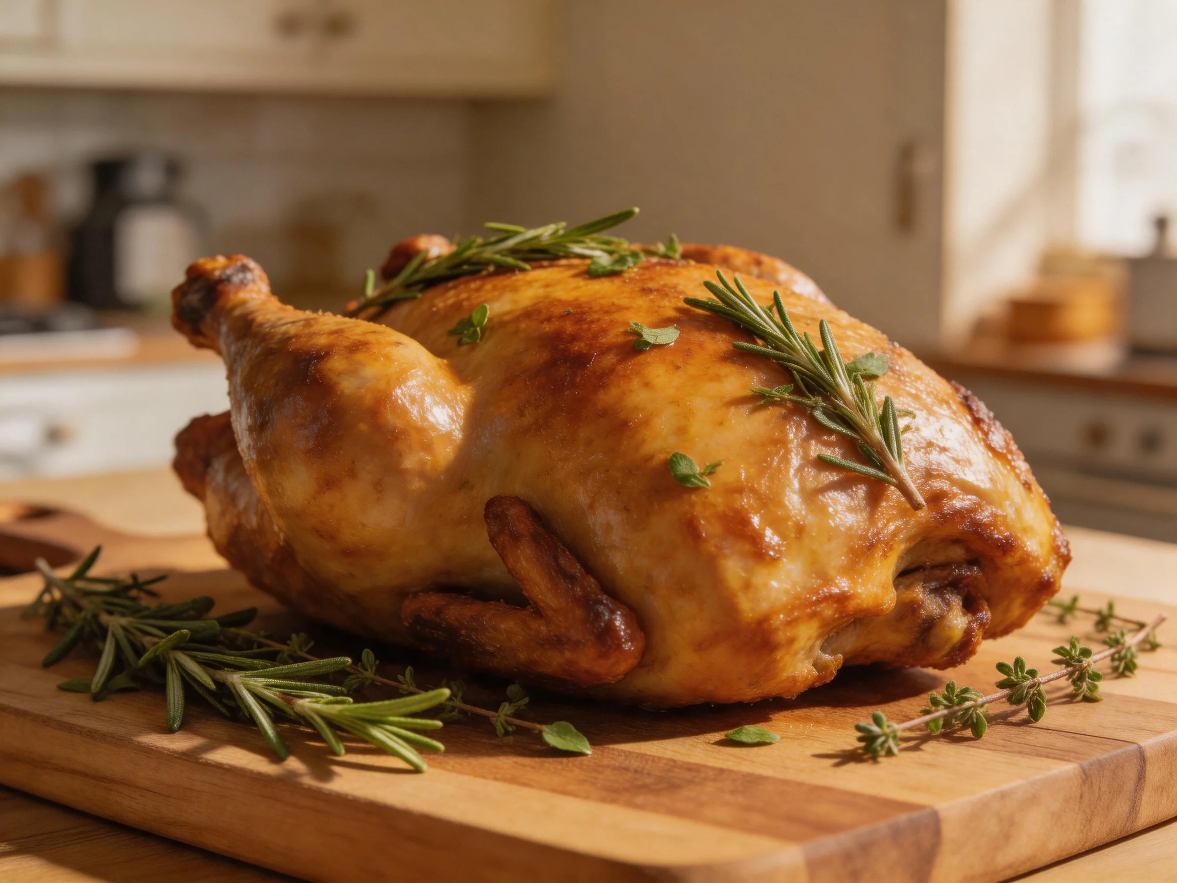 A golden-roasted chicken garnished with fresh herbs on a wooden cutting board