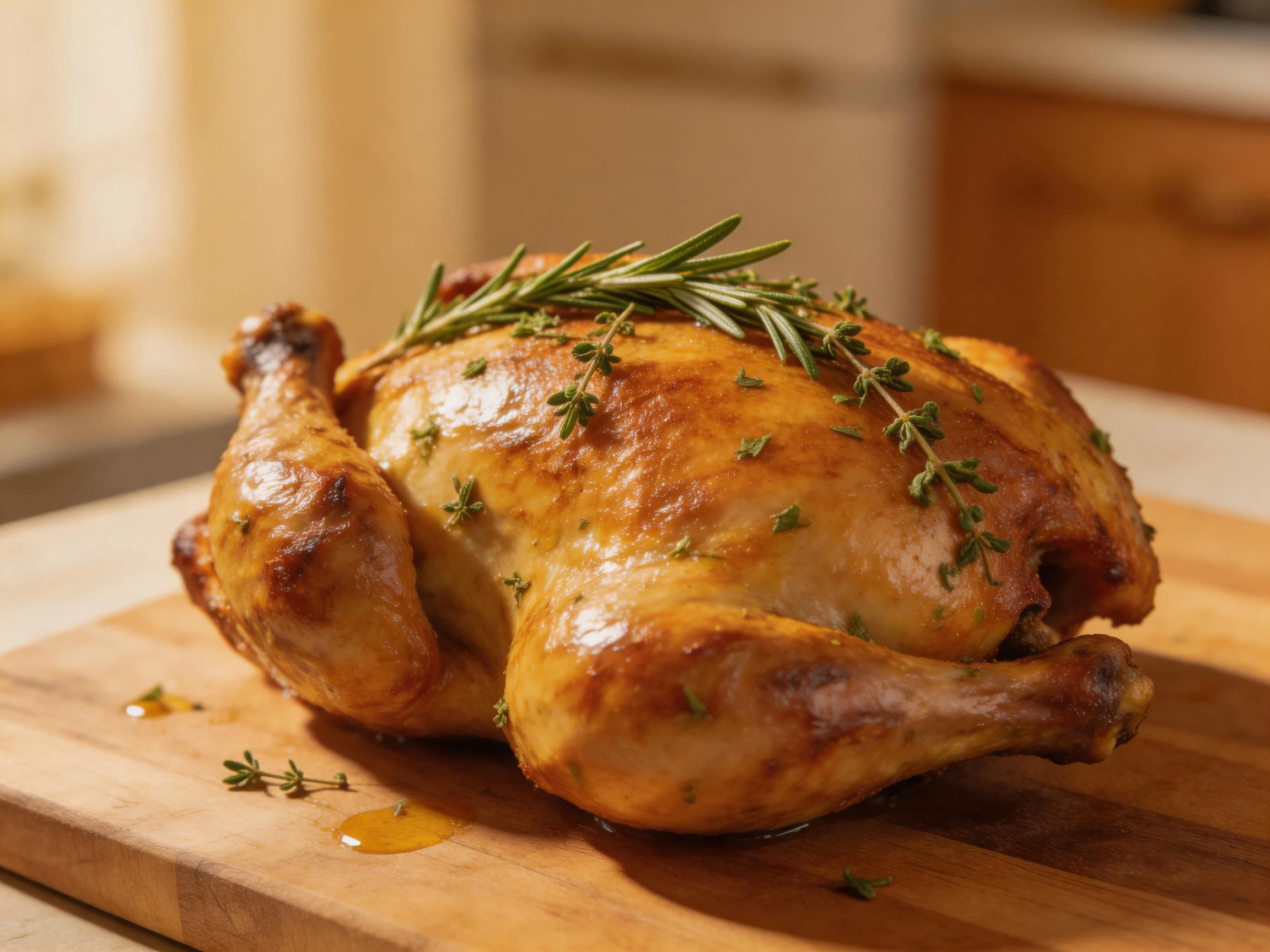 A golden roasted chicken garnished with herbs is displayed on a wooden cutting board.