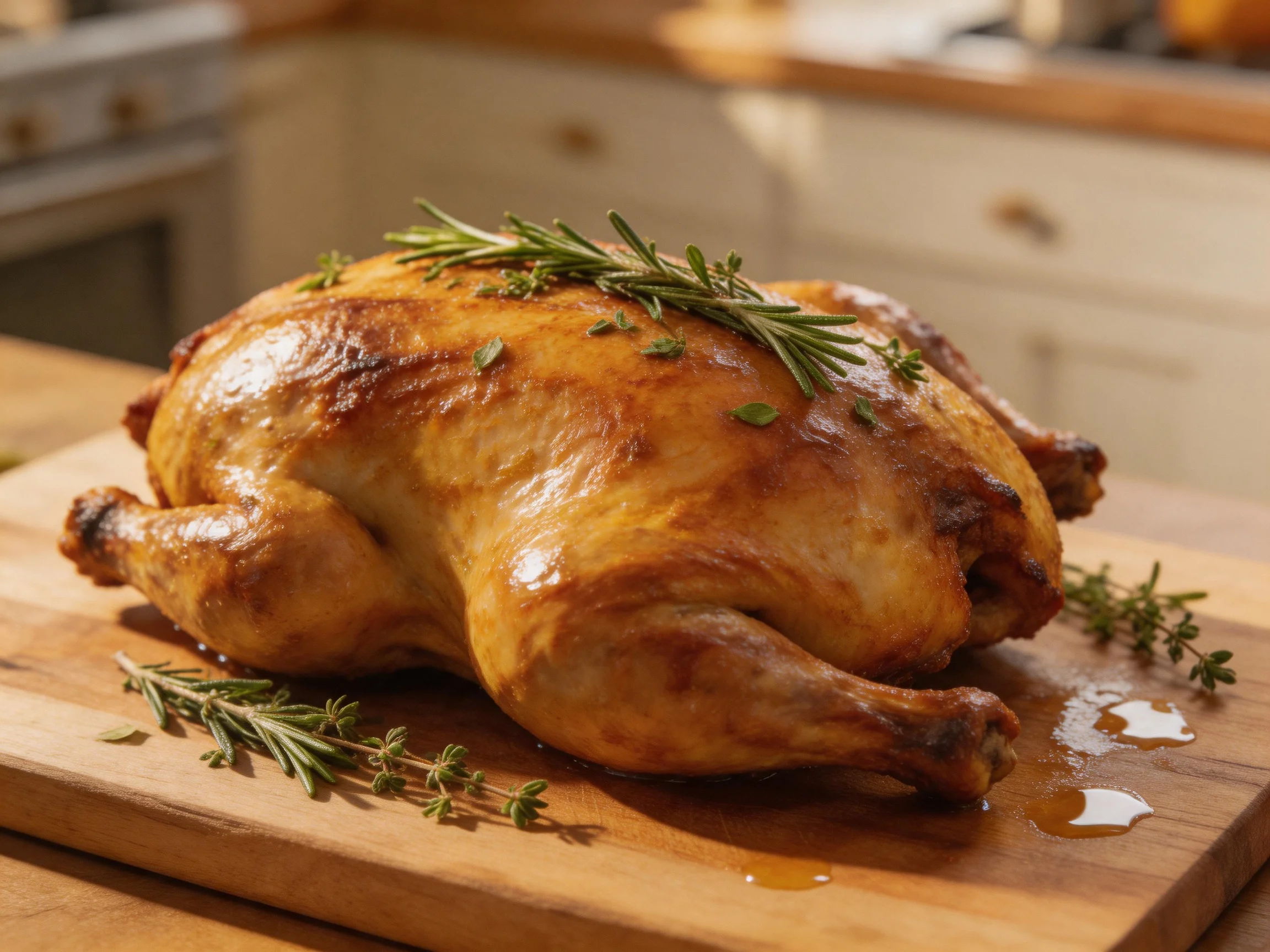A golden-roasted whole chicken garnished with fresh rosemary and thyme