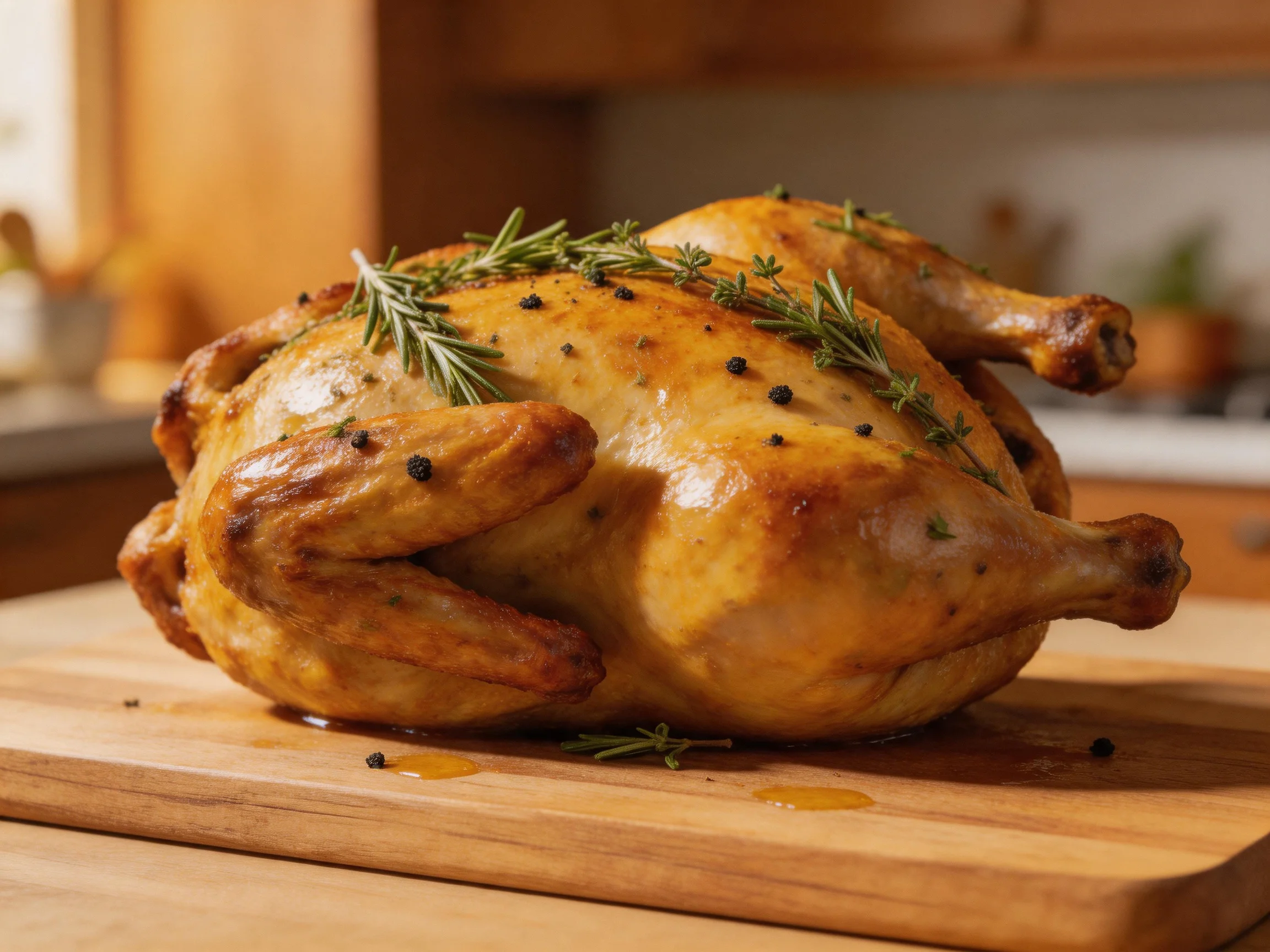 A golden roasted whole chicken garnished with rosemary and thyme sprigs