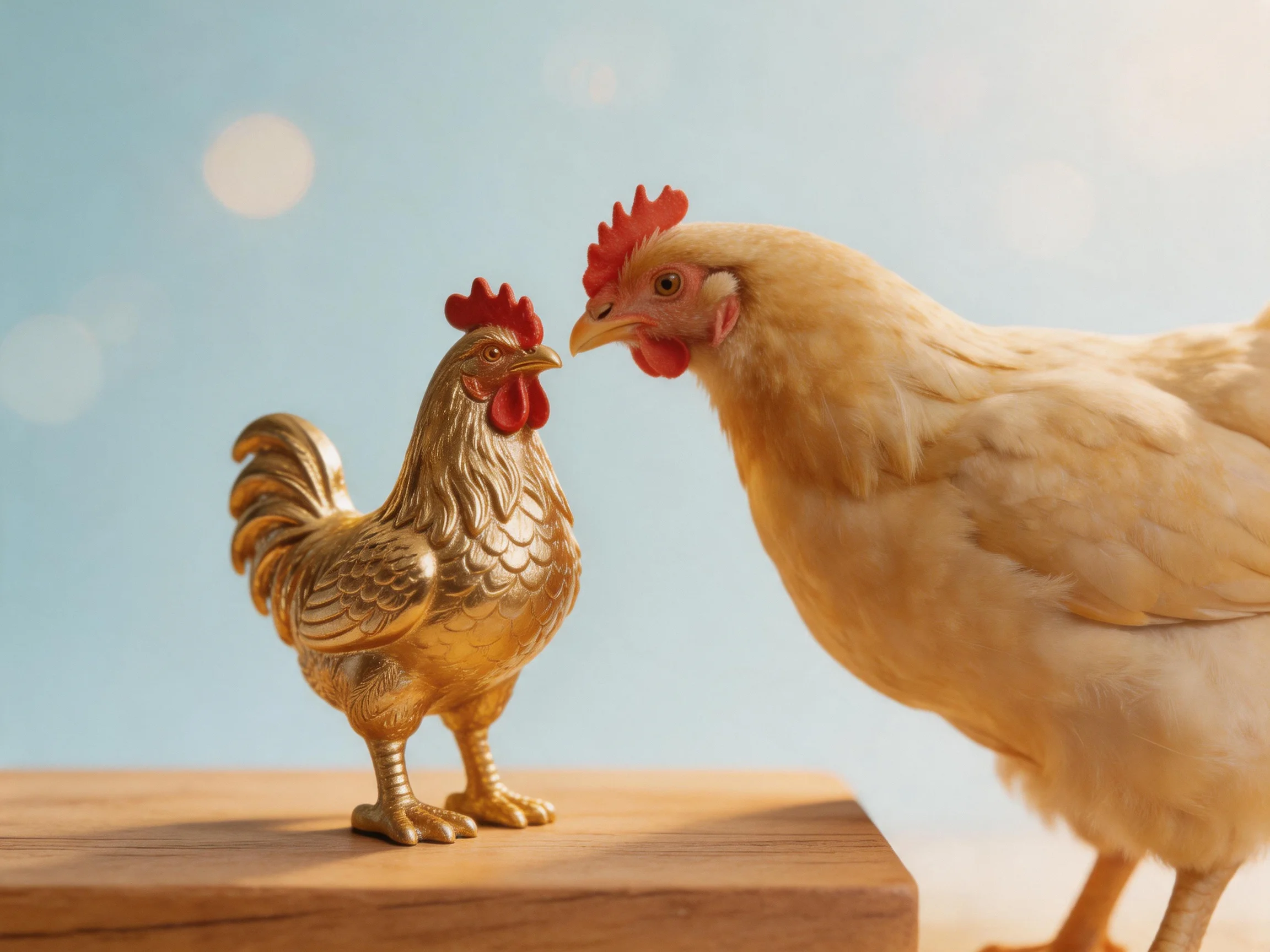 A golden rooster figurine and a beige chicken interact on a wooden platform