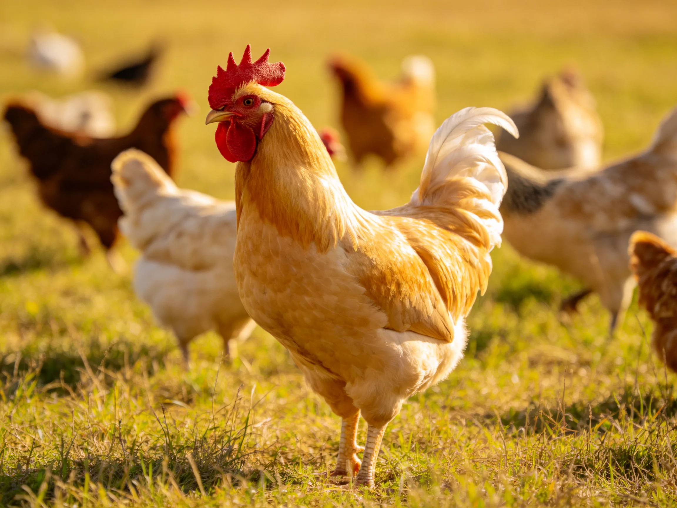 A golden rooster leads a group of multicolored chickens in a sunlit grassy field