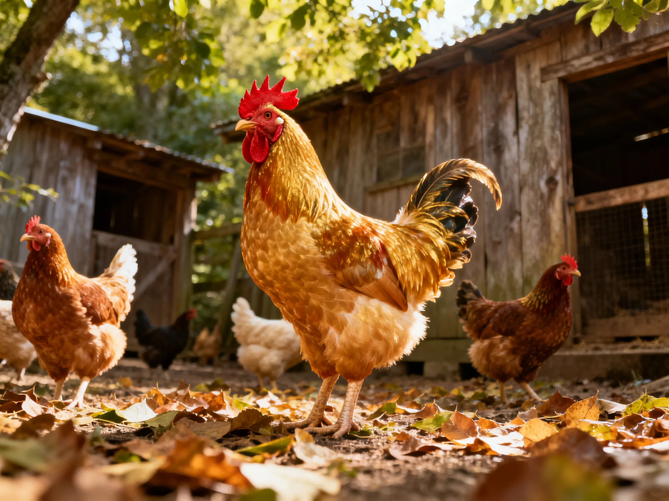 A golden rooster leads brown hens near weathered wooden coops