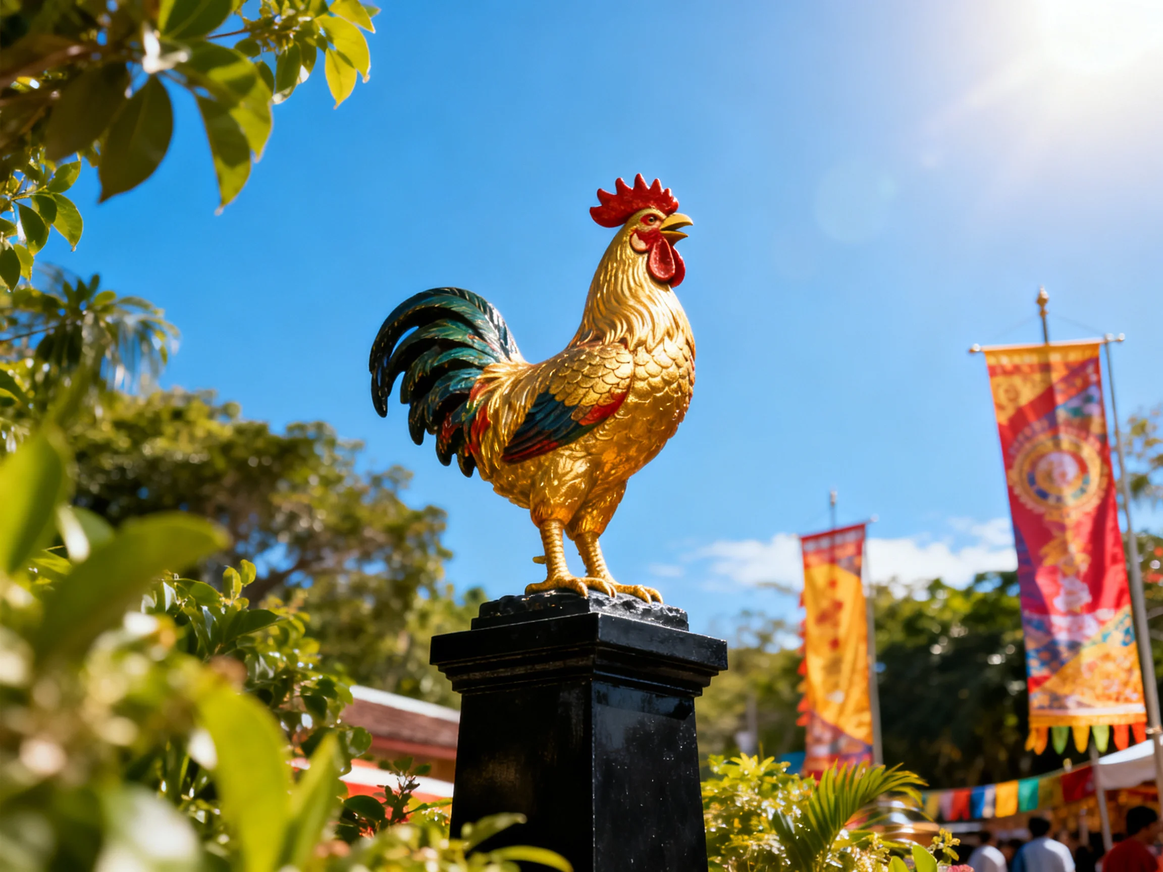 A golden rooster statue stands atop a black pedestal outdoors