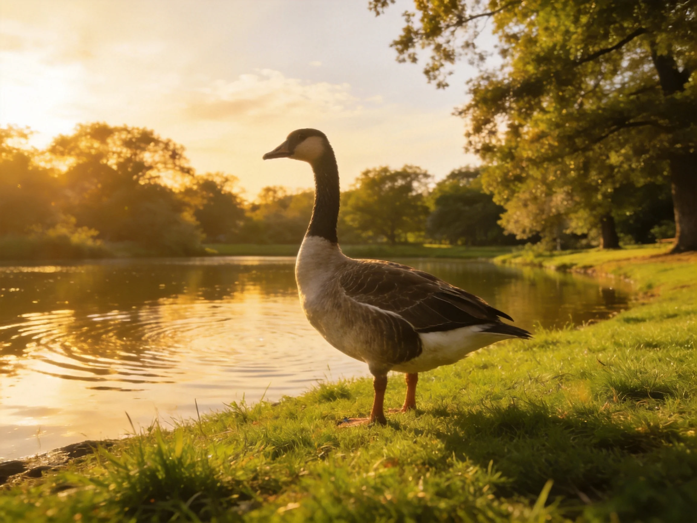 A goose stands by a calm river during golden-hour sunlight