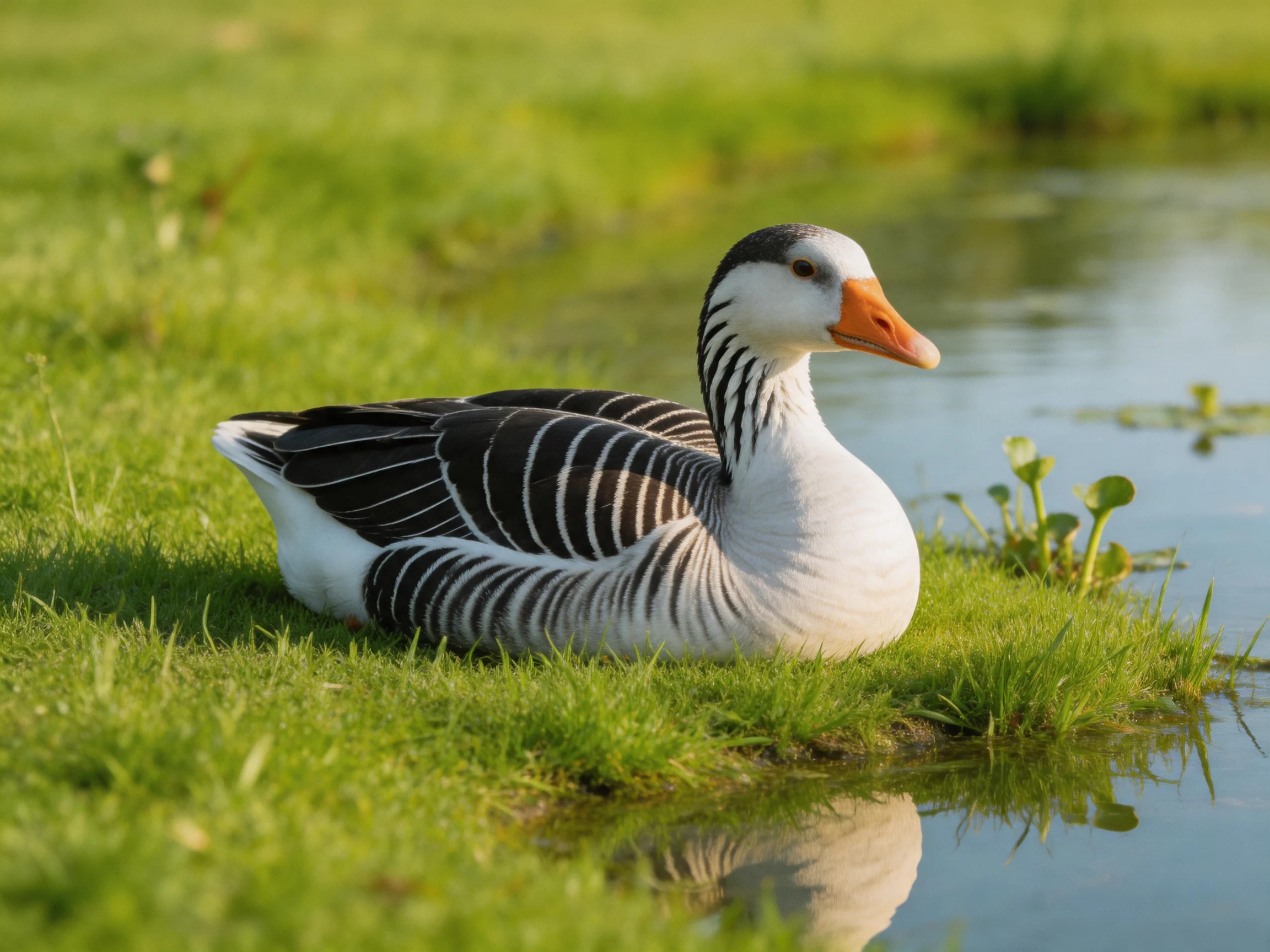 A goose with black and white striped feathers rests by calm water