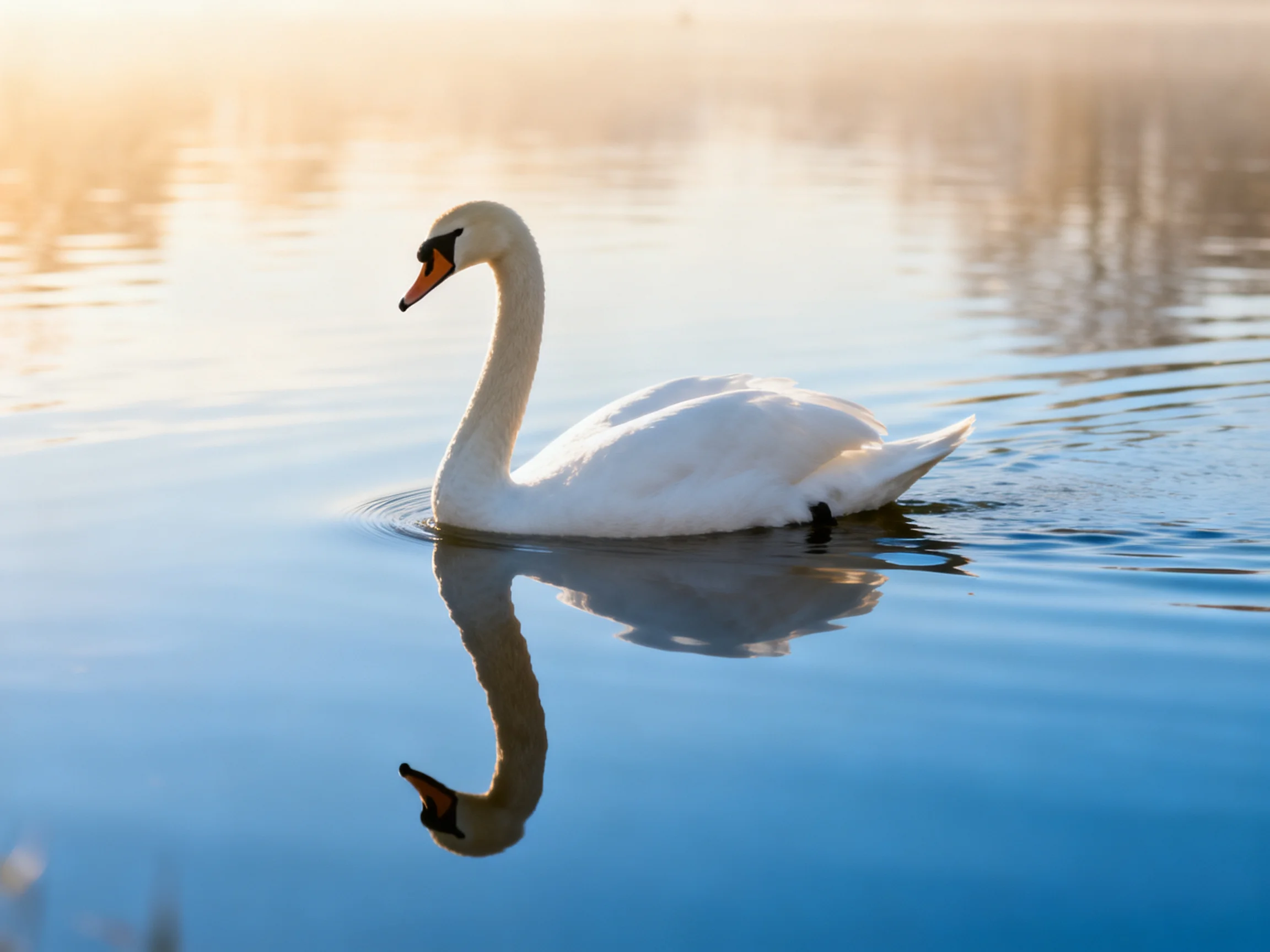 A graceful white swan gliding on serene blue water with reflection