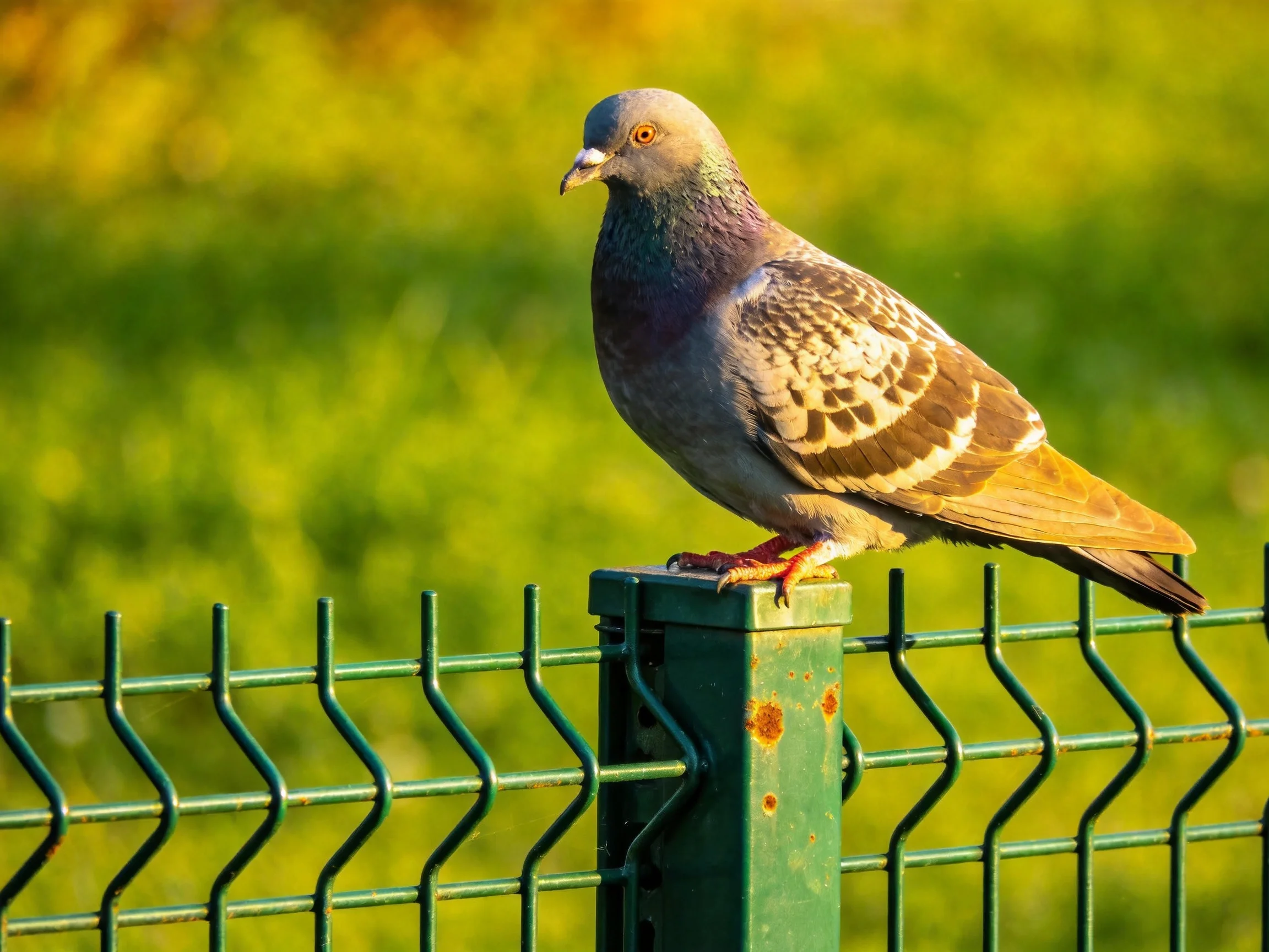 A gray and brown pigeon perched on a green metal fence post