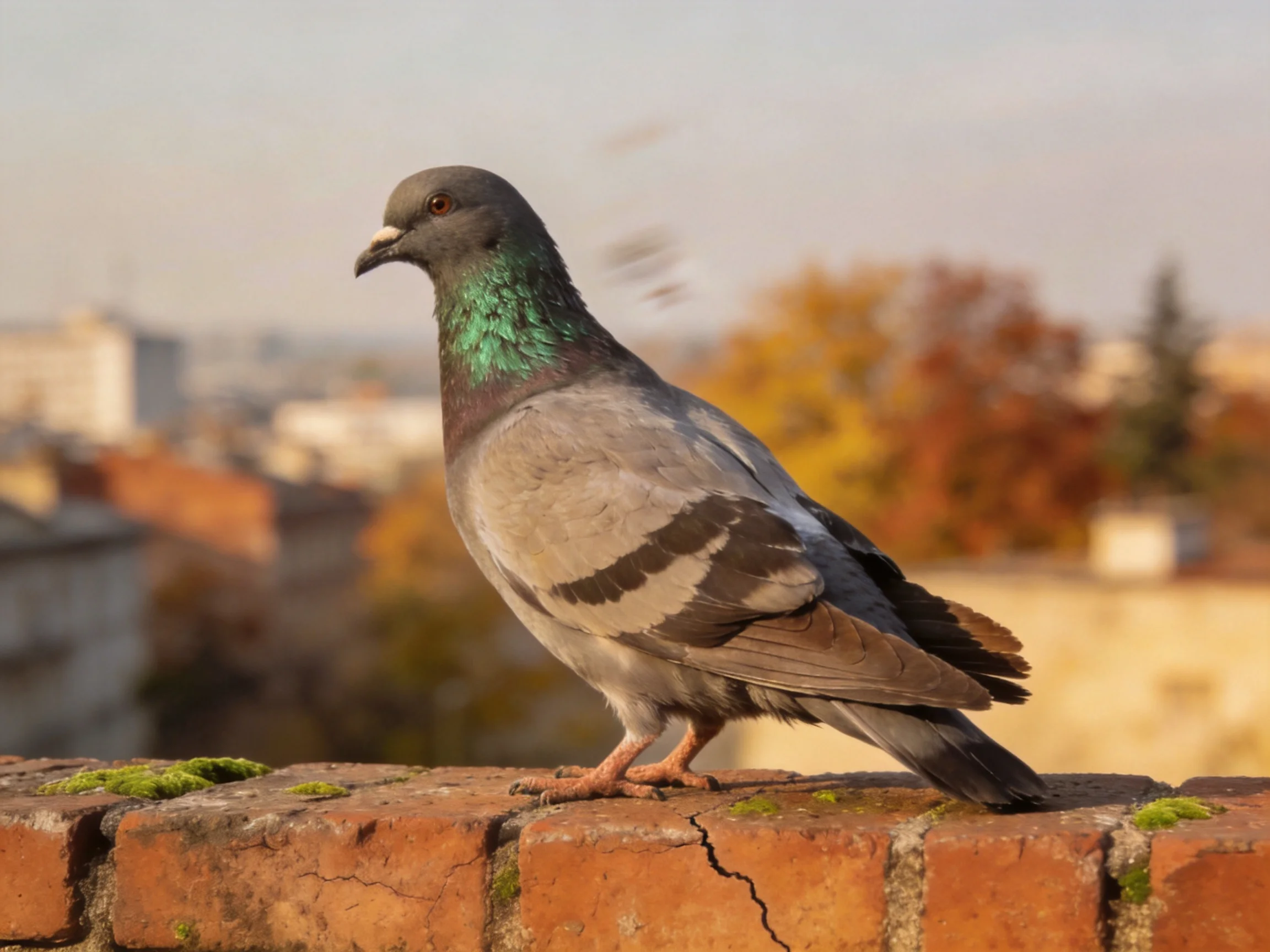 A gray and green pigeon perches on a moss-dotted brick wall with autumn cityscape