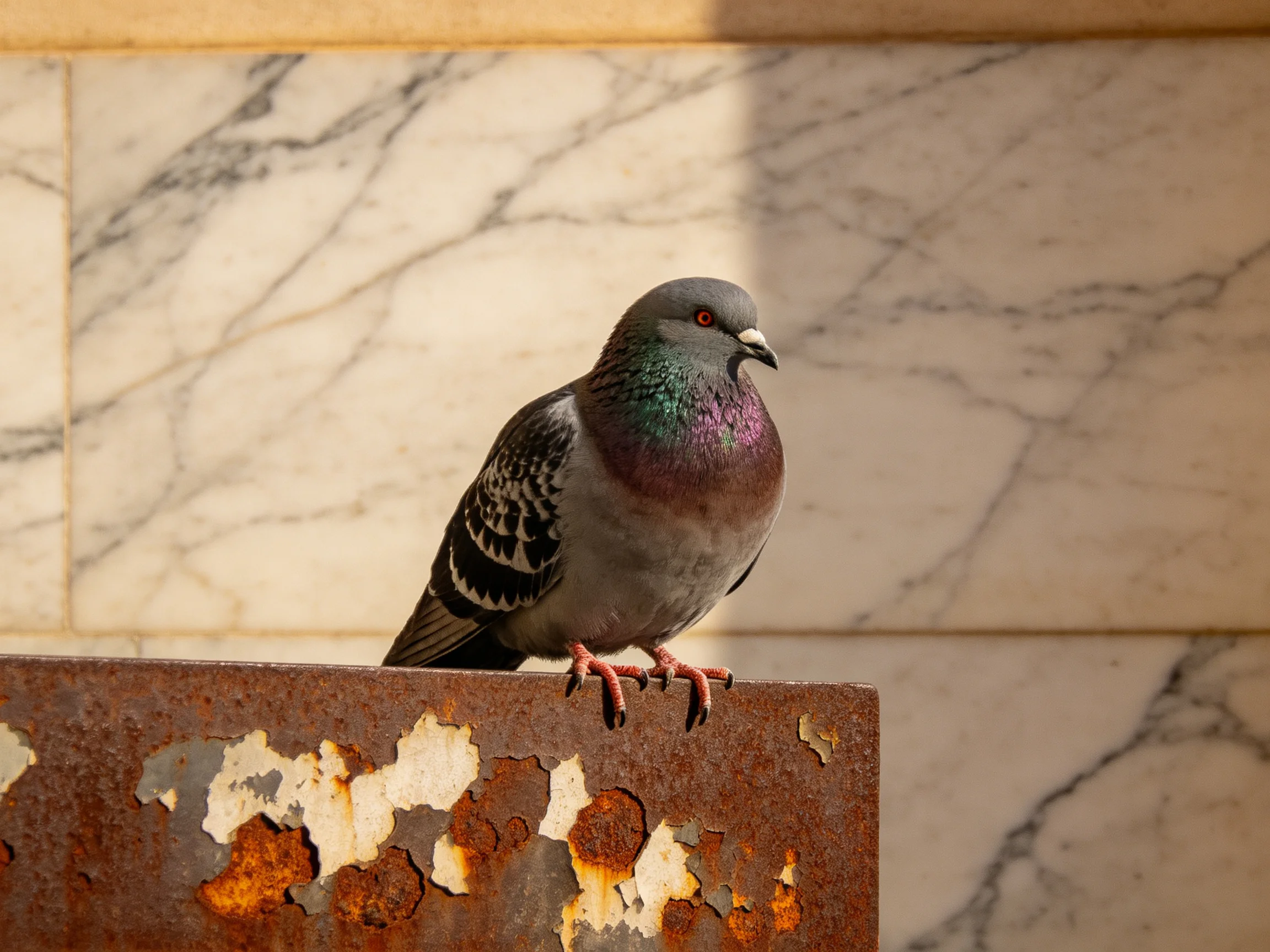 A gray and purple pigeon perches on a rusted metal bar near a marble wall