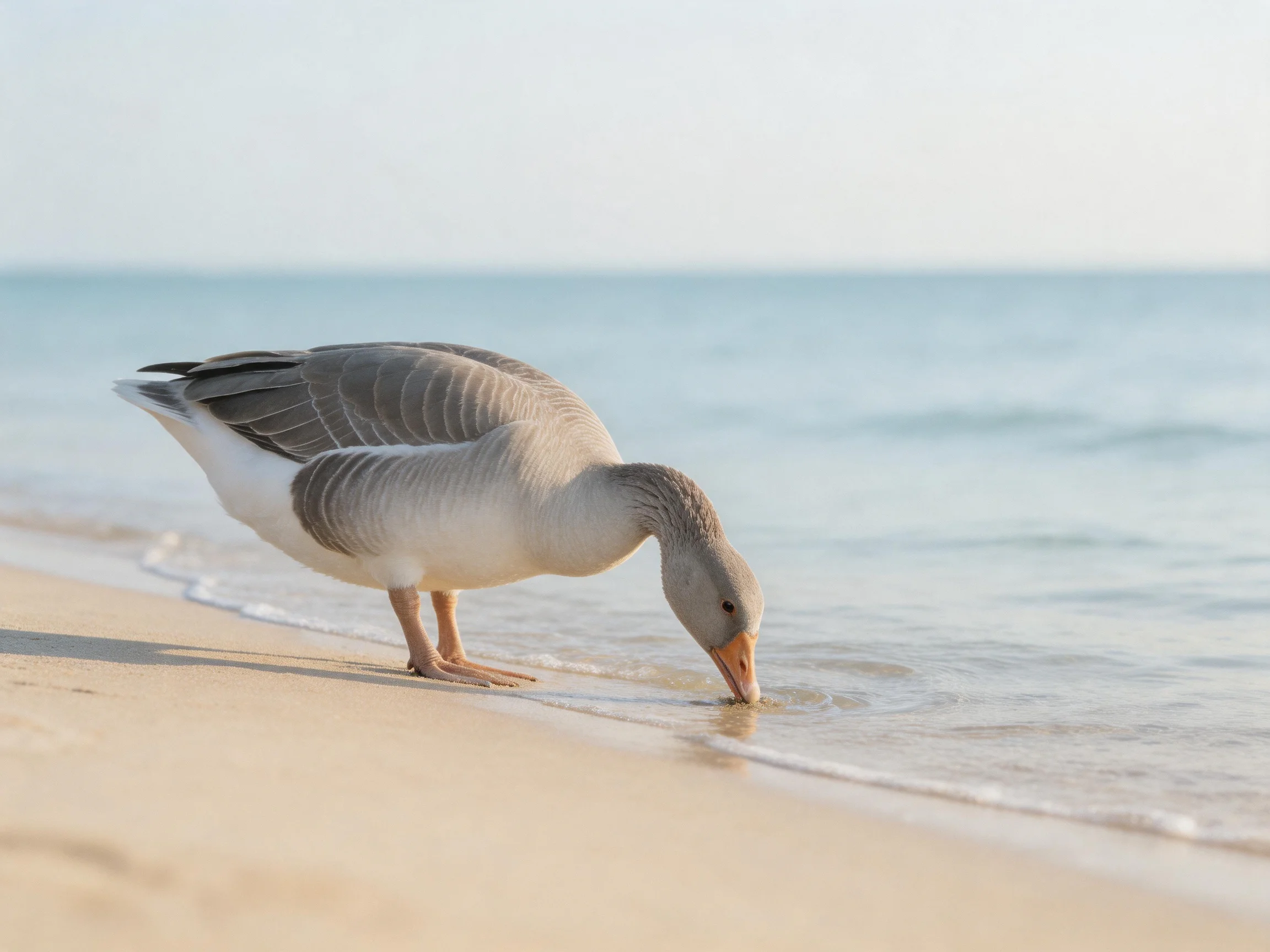 A gray and white goose drinks from ocean waves on sandy shore