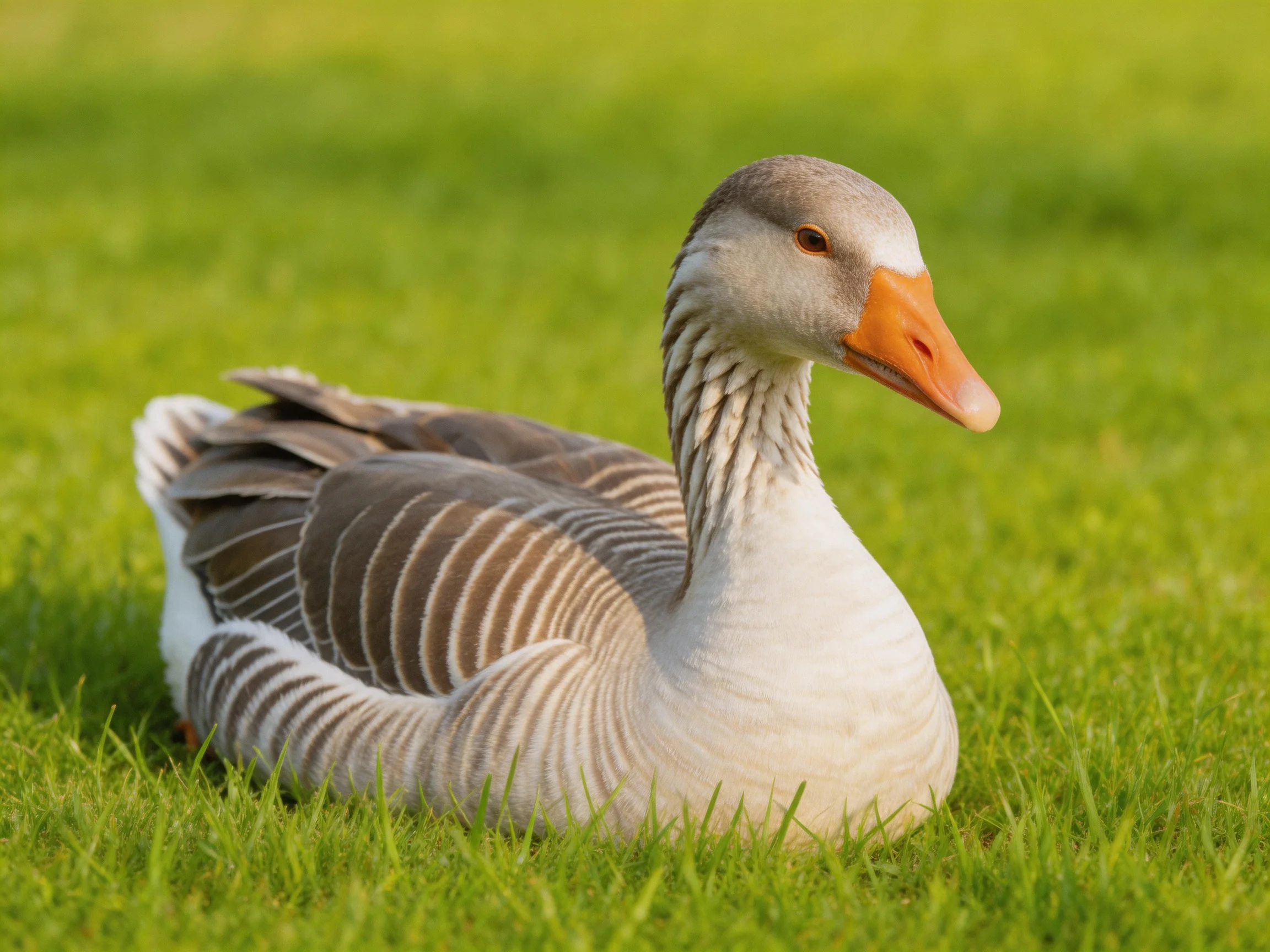 A gray and white goose rests on vibrant green grass