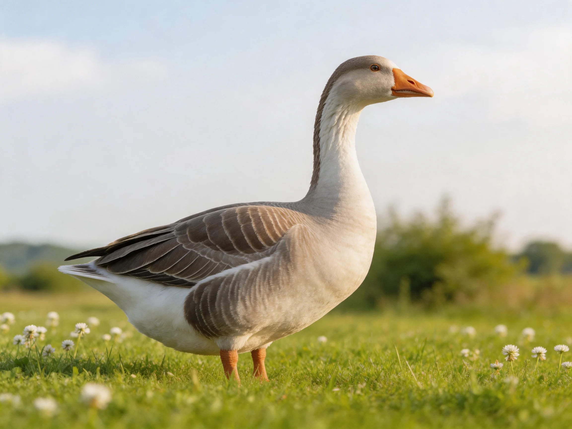 A gray and white goose stands in a flowered green meadow