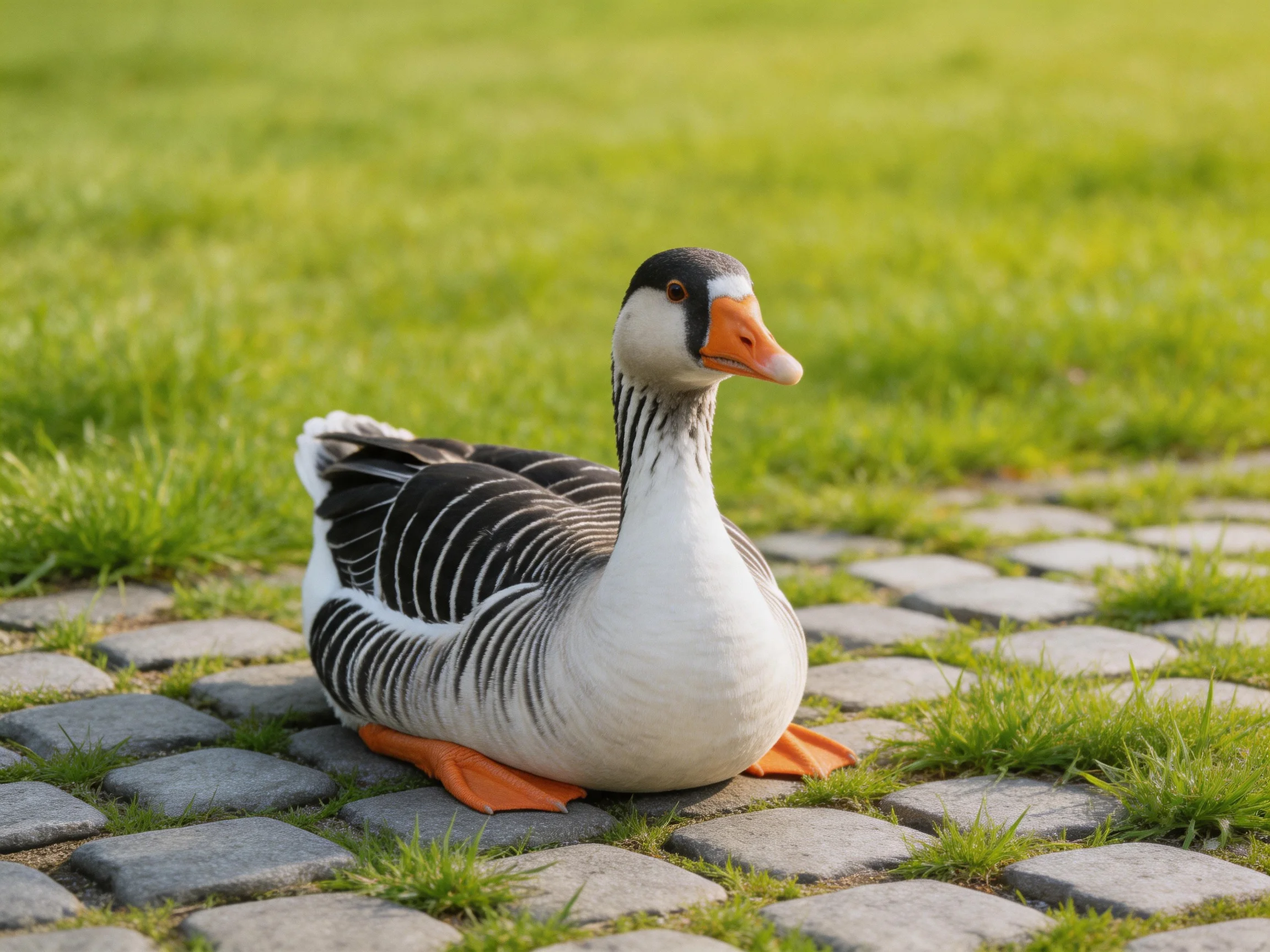 A gray and white goose with an orange beak sits on cobblestones beside green grass