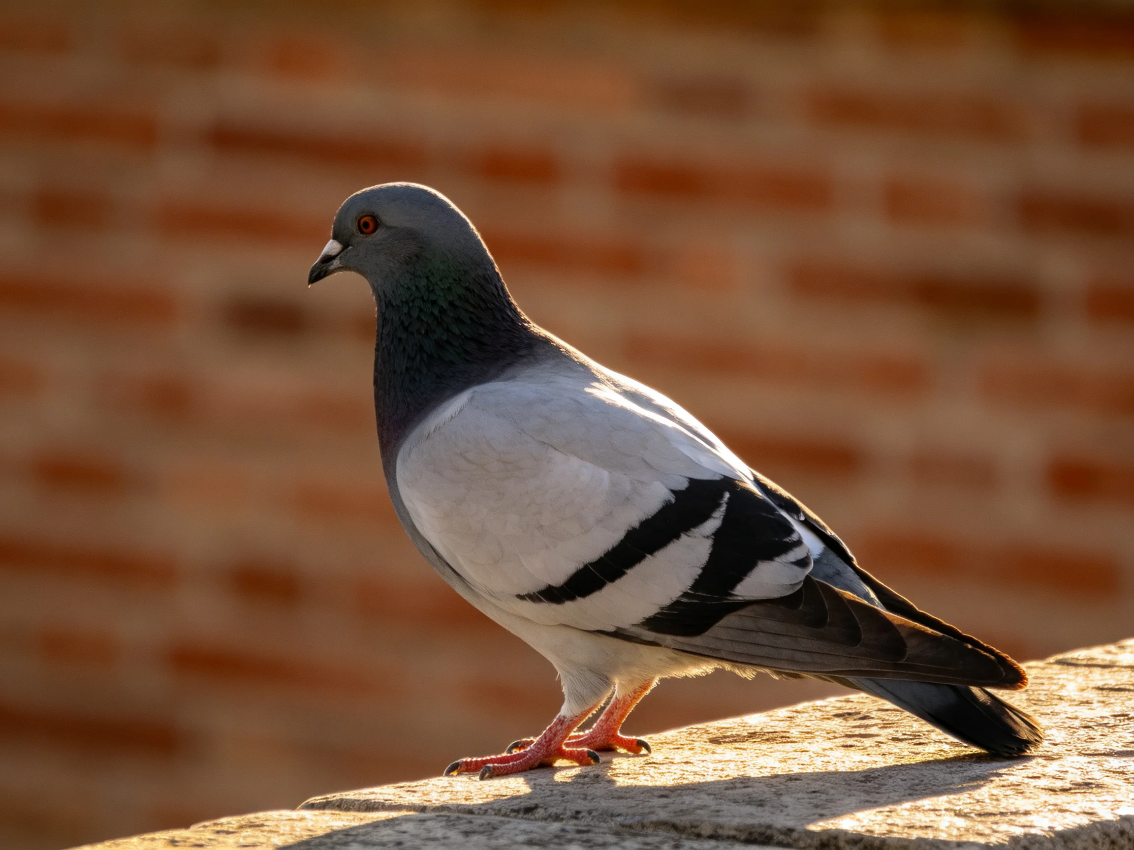 A gray and white pigeon perched on a stone ledge near a brick wall