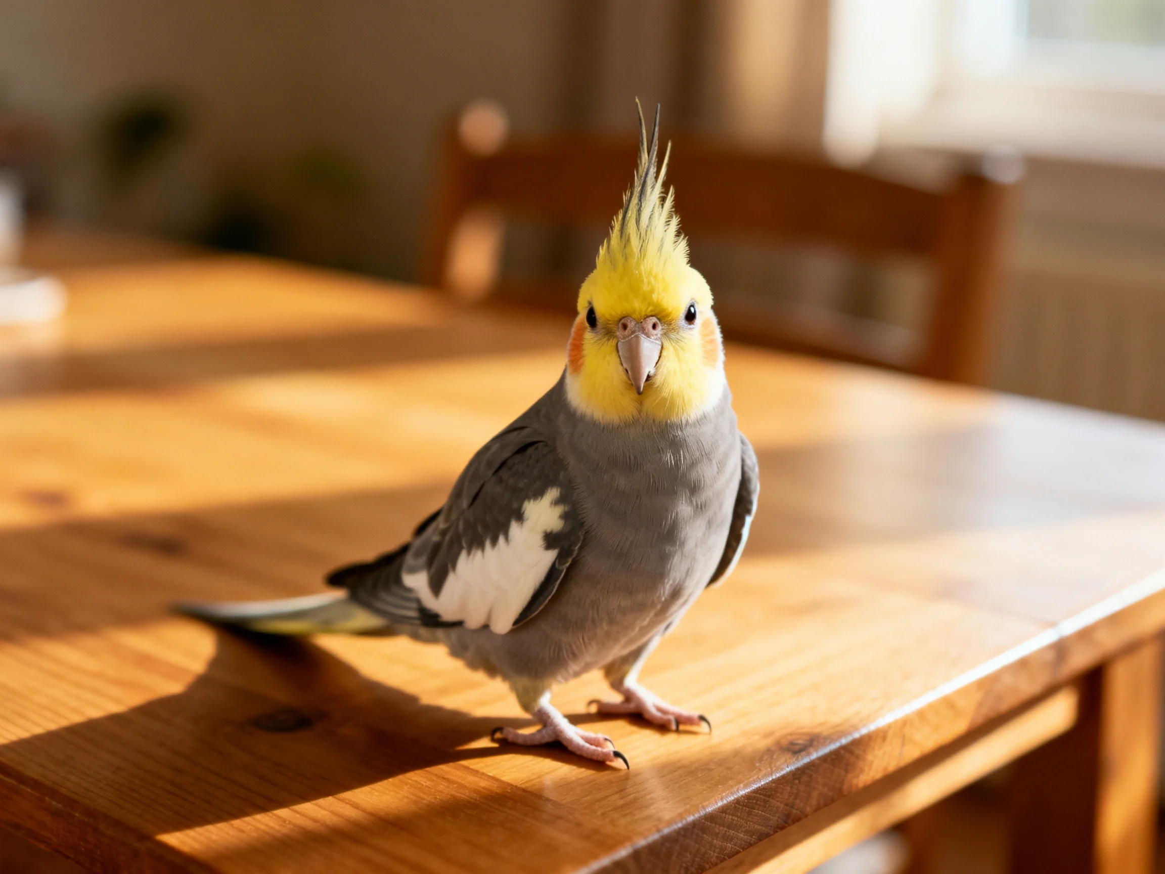 A gray and yellow cockatiel perched on a polished wooden table