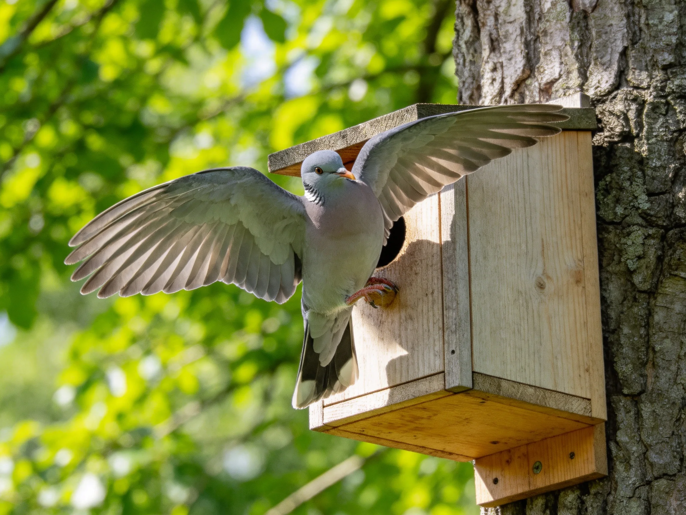 A gray bird landing on a wooden birdhouse attached to a tree