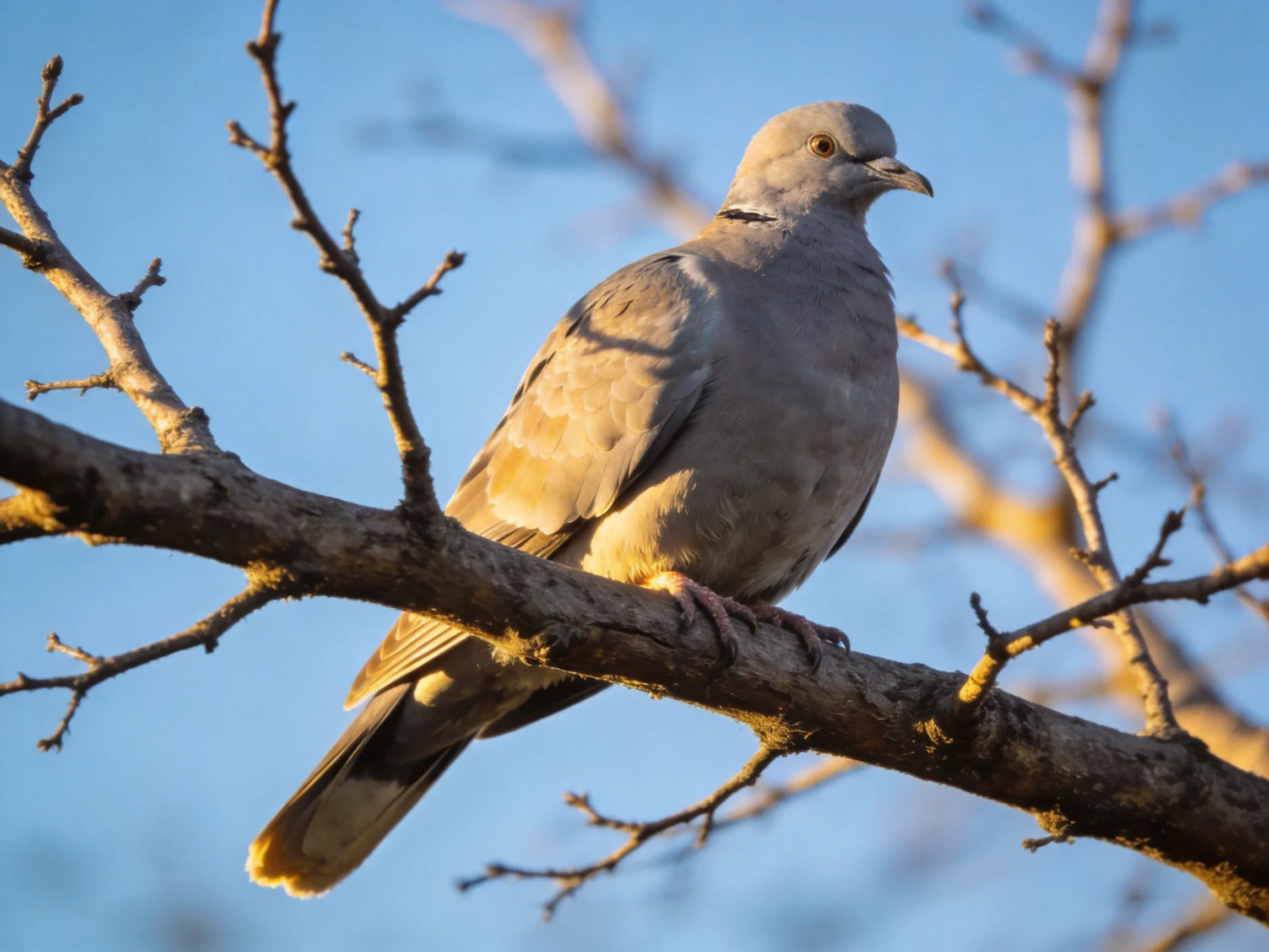 A gray bird perched on a bare tree branch under clear blue sky