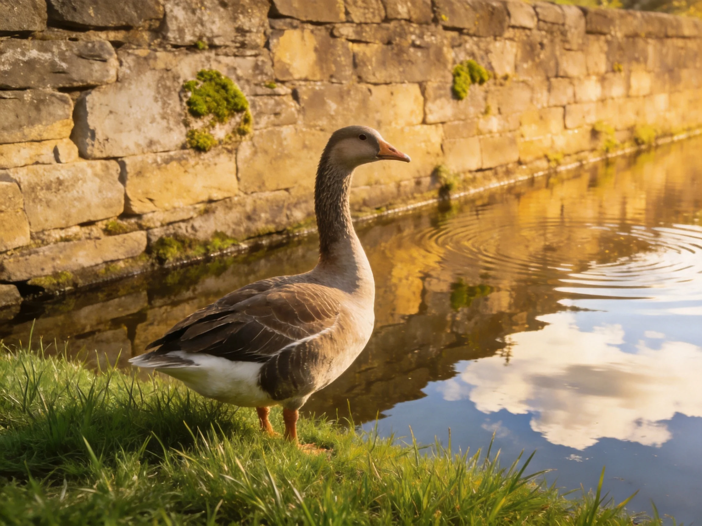 A gray-brown goose near a mossy stone wall by calm water