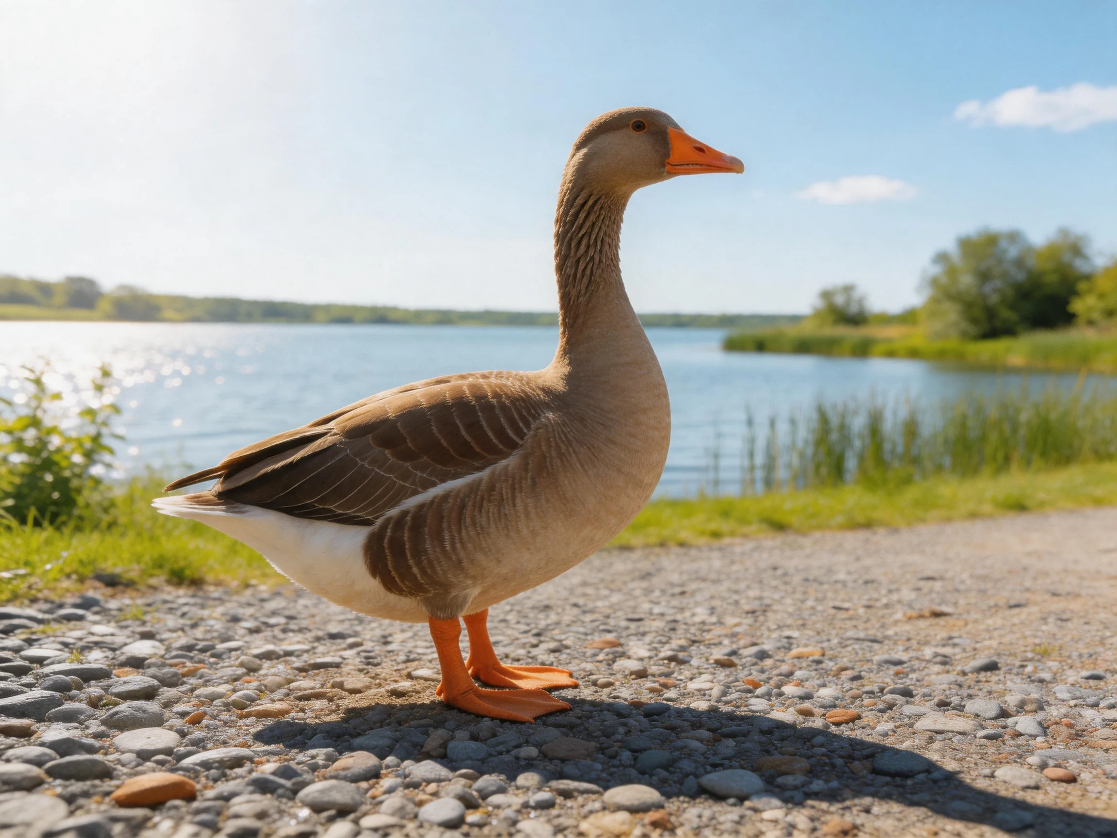 A gray-brown goose with an orange beak stands on a pebbled path by a calm lake