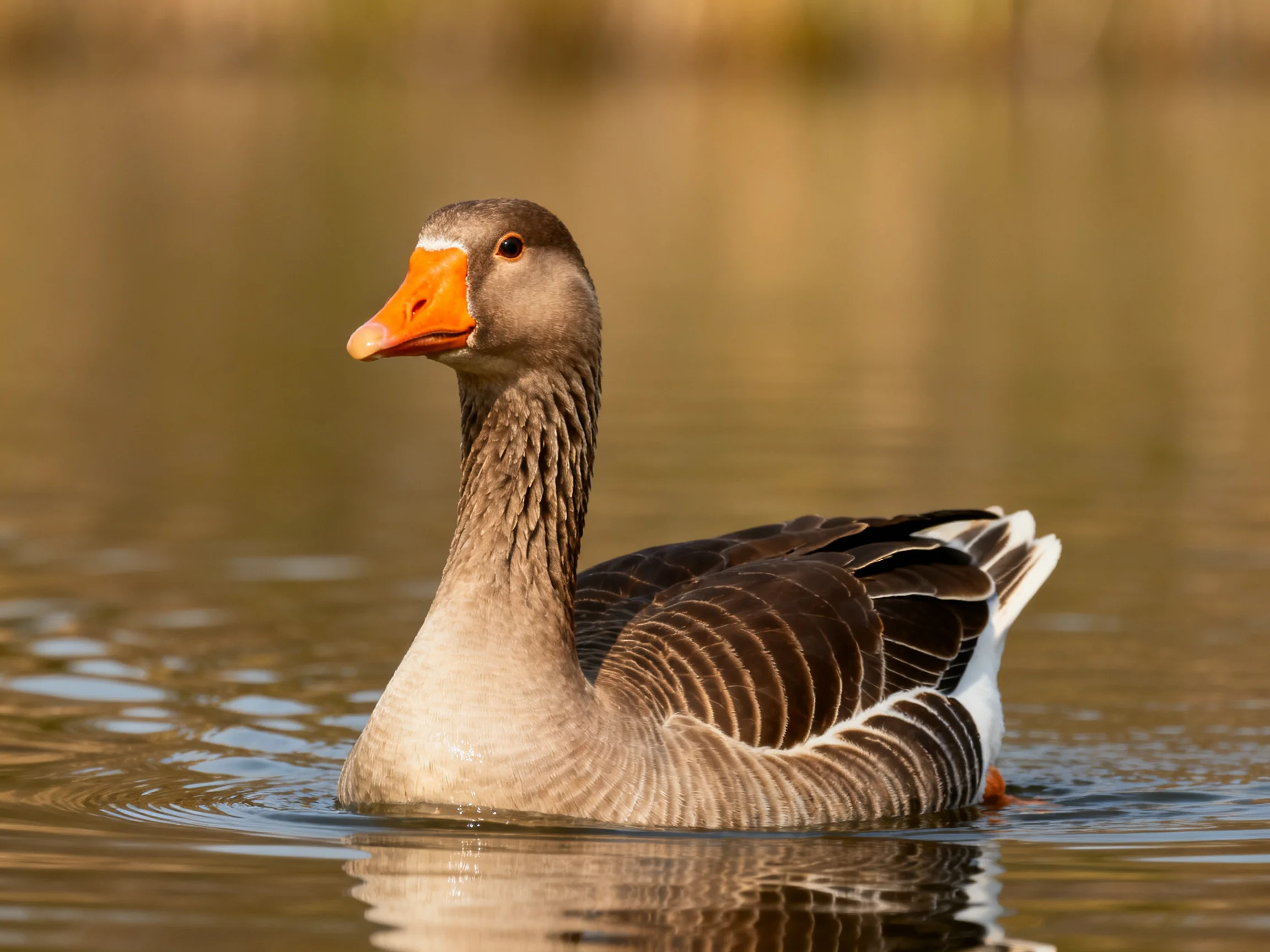 A gray-brown goose with an orange beak swims in calm water
