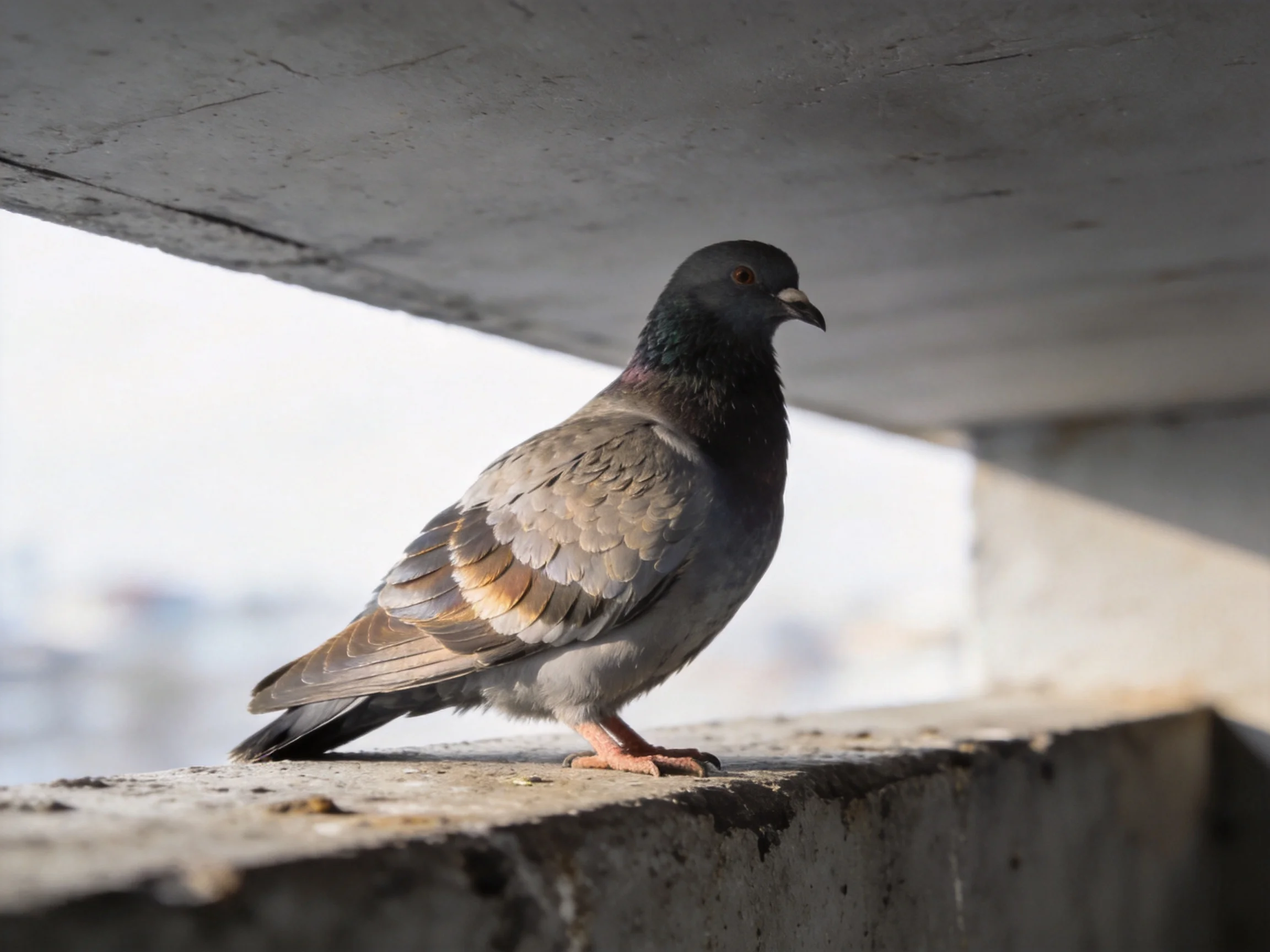 A gray-brown pigeon perched on a weathered concrete ledge under an overhang