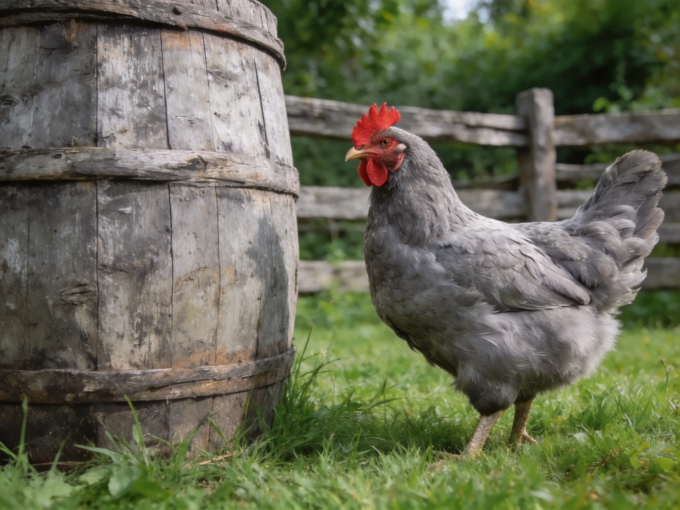 A gray chicken near an aged wooden barrel ina grassy yard