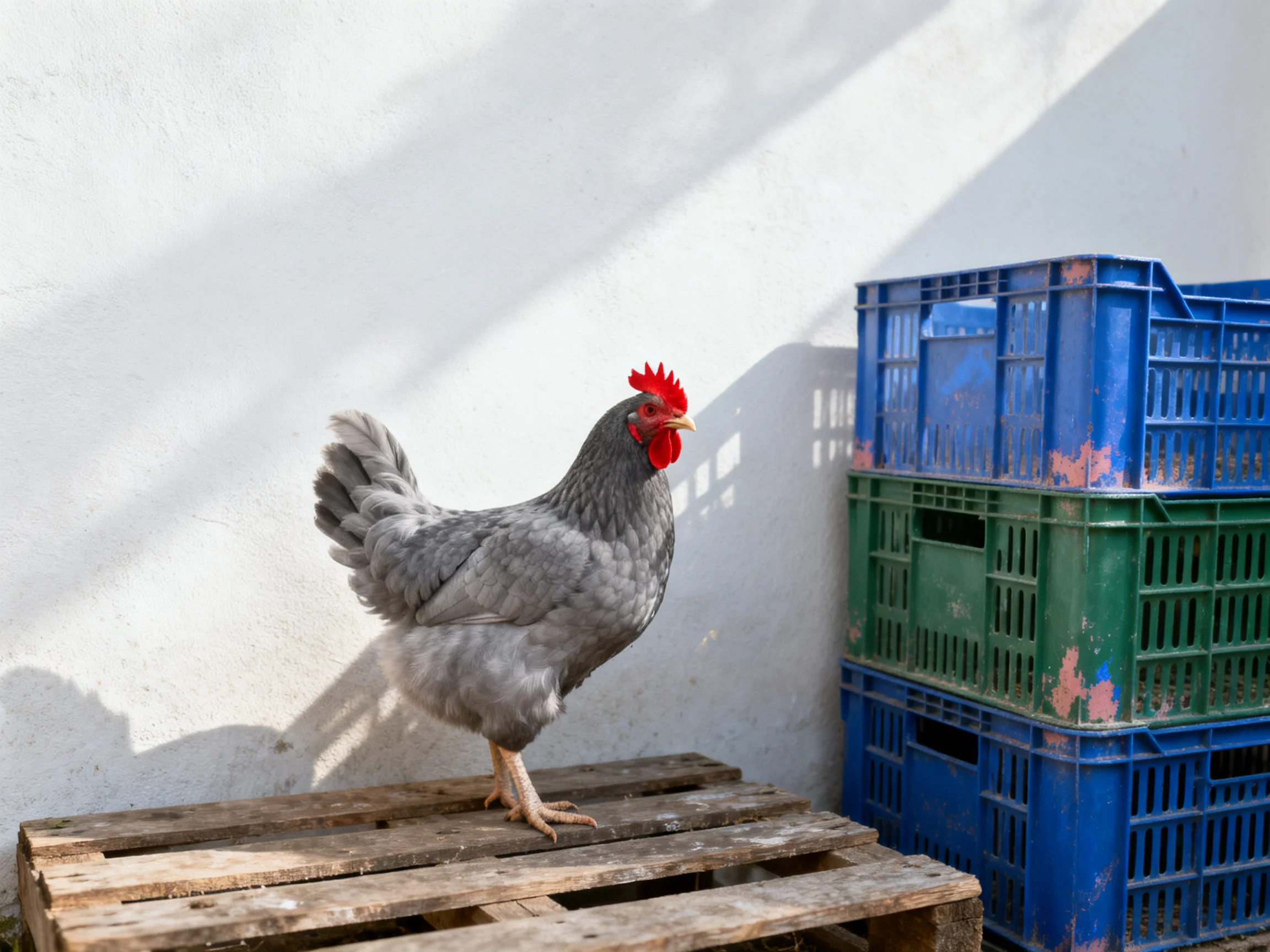 A gray chicken stands on a wooden pallet beside stacked blue and green crates