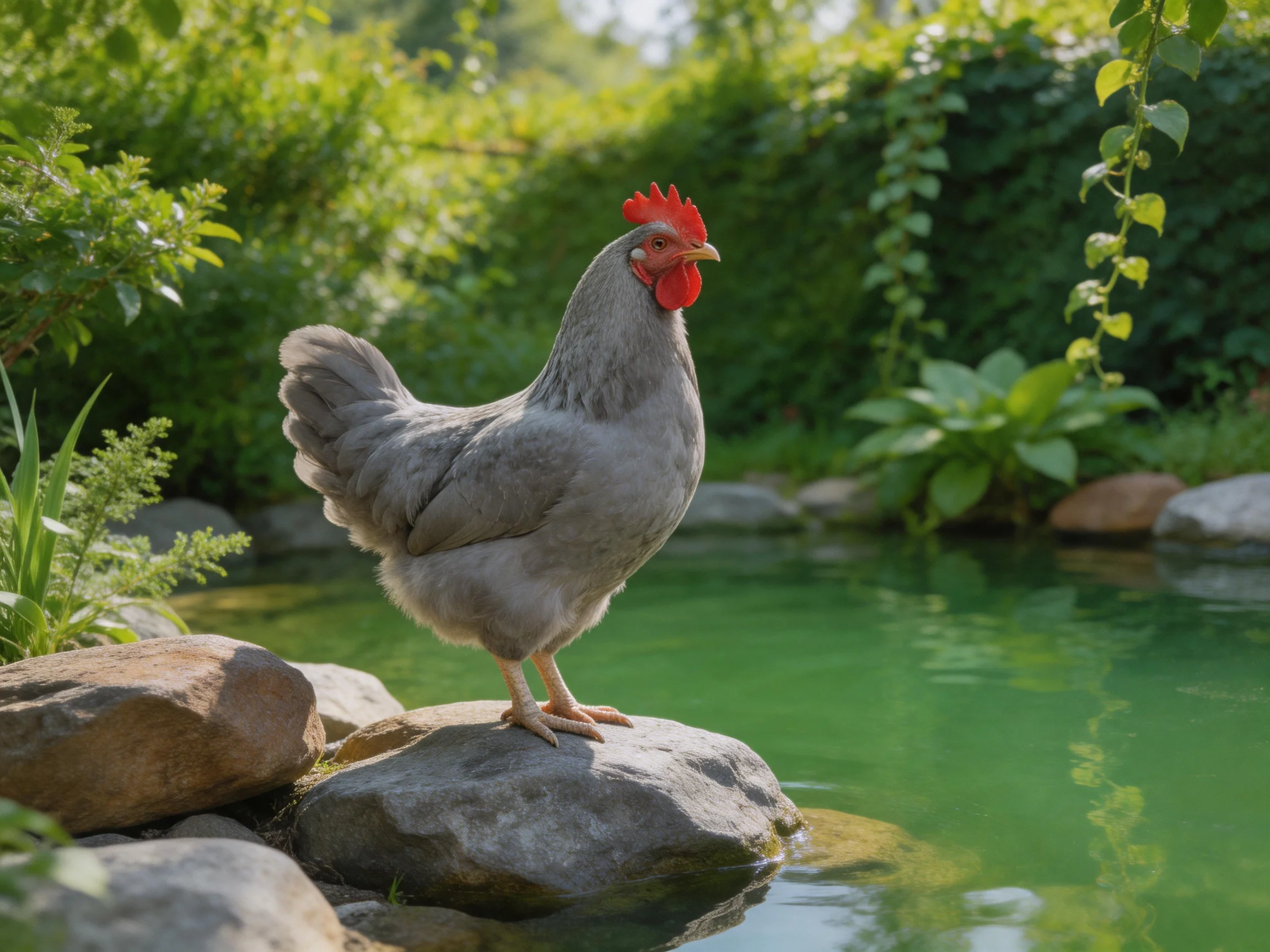 A gray chicken stands on rocks by emerald-green pond