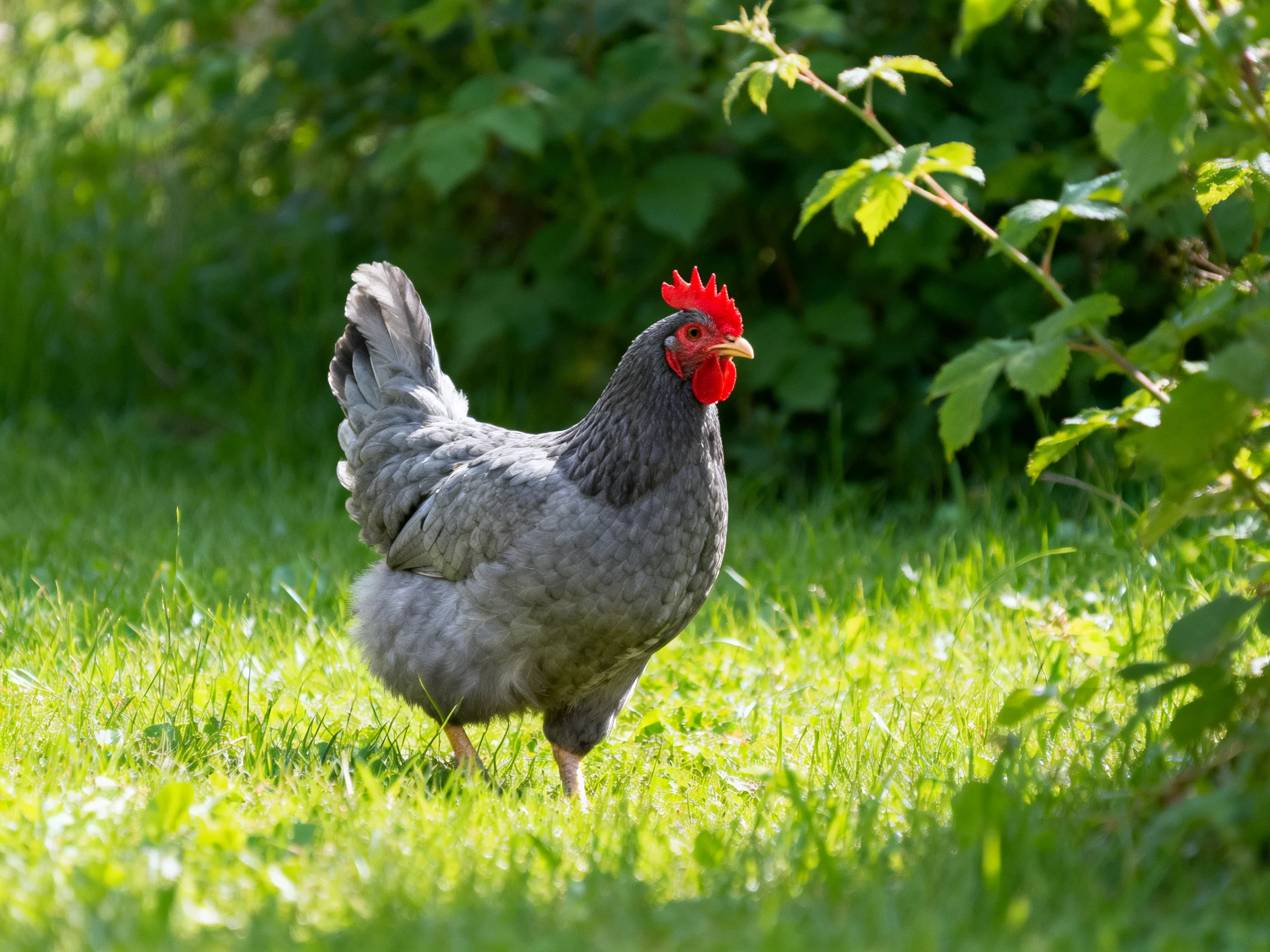 A gray chicken with a vibrant red comb forages in lush green grass