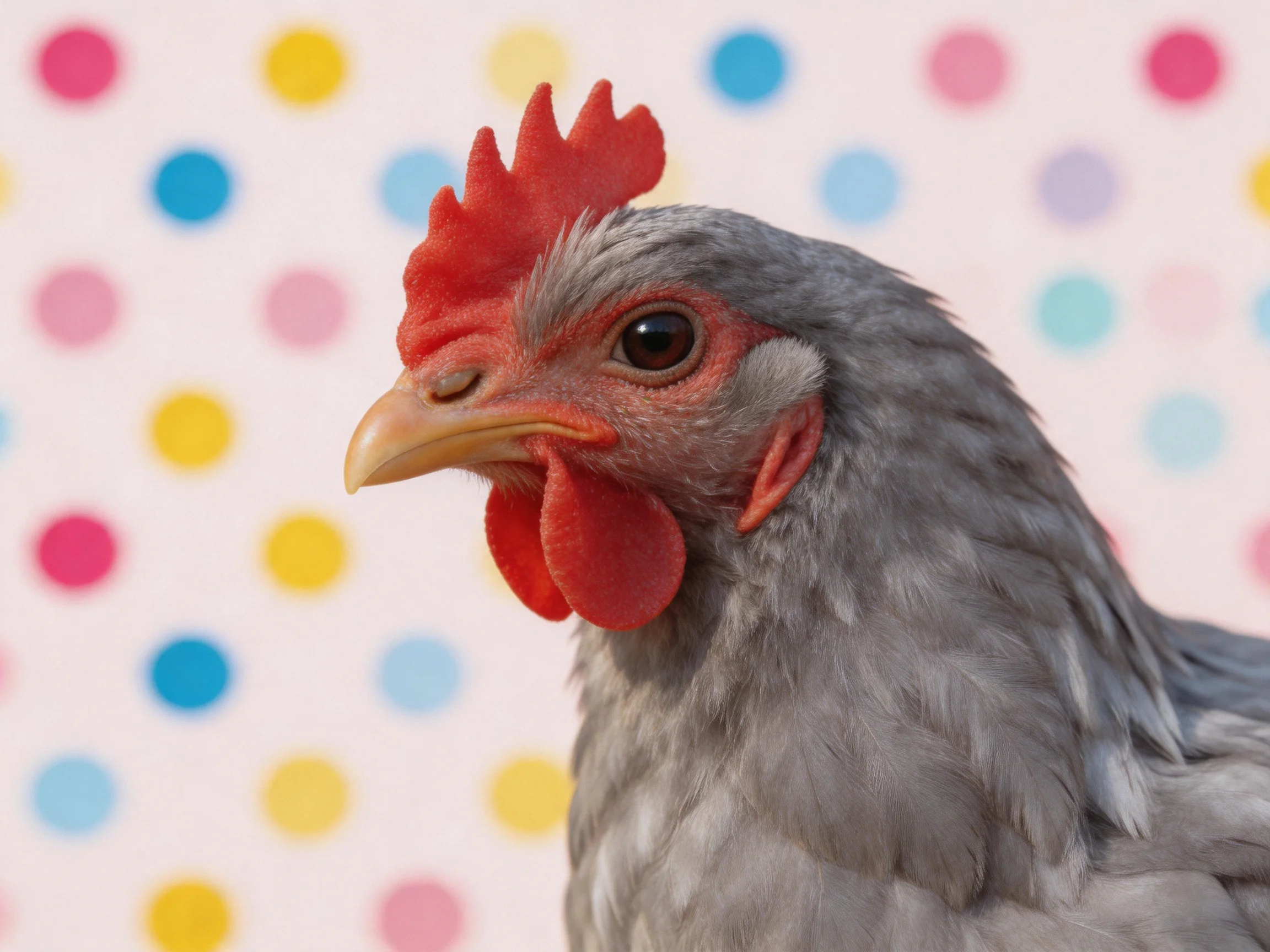 A gray chicken with red comb and wattles near colorful polka dots