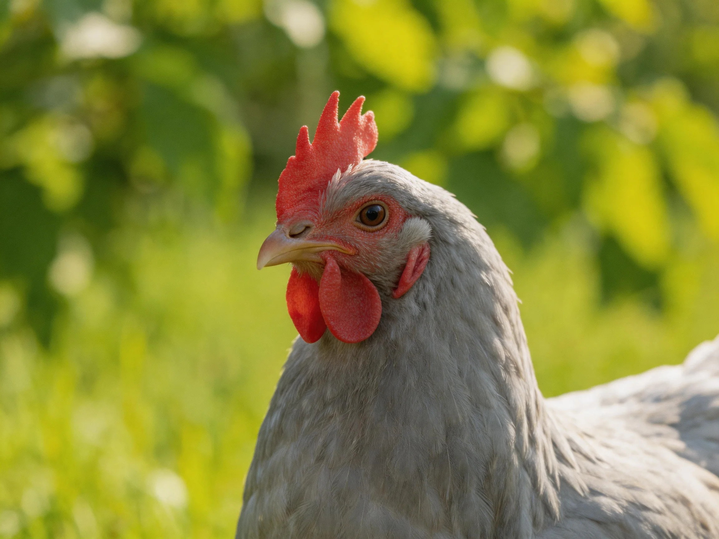 A gray chicken with red comb stands amidst lush green foliage