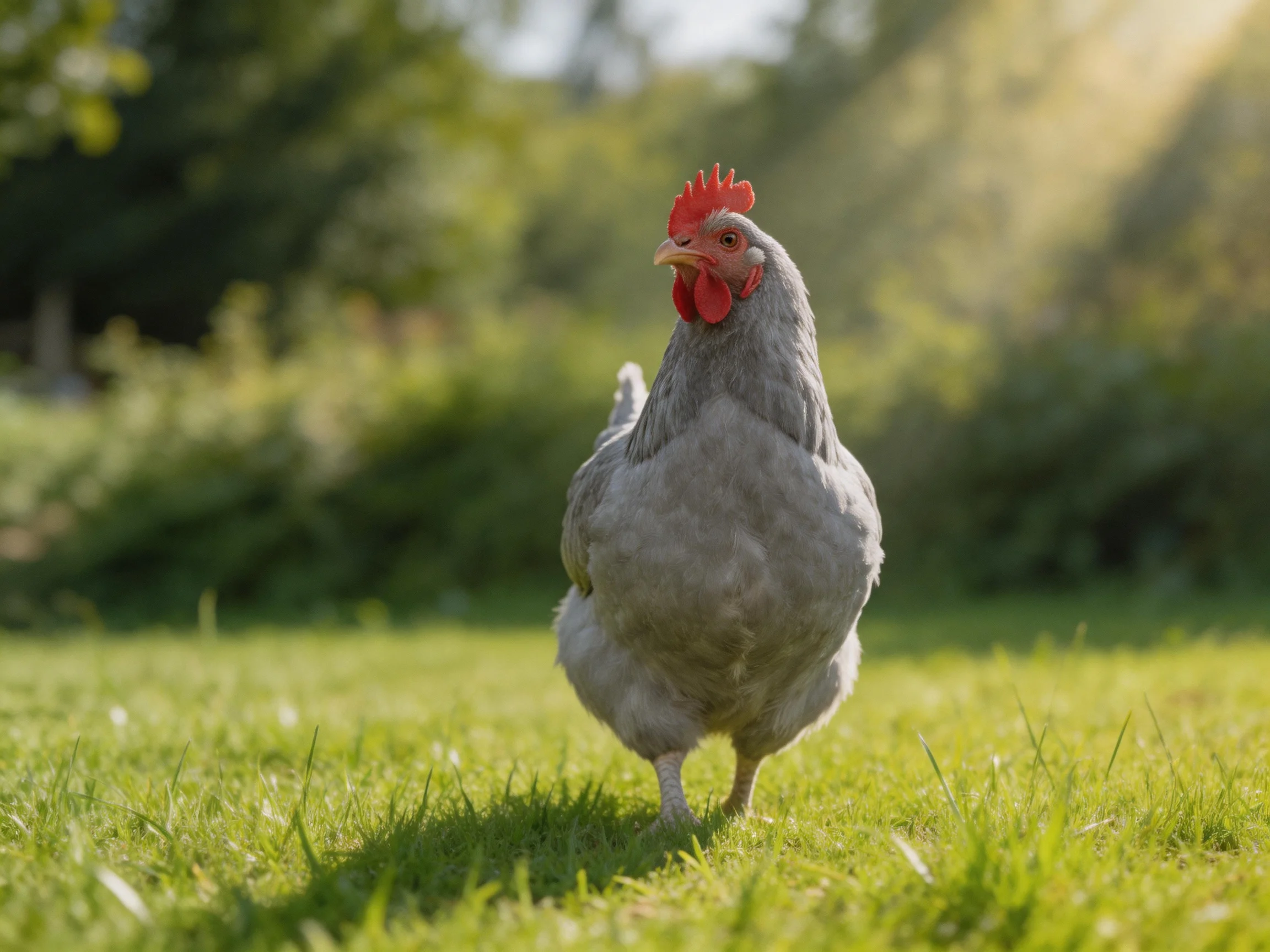 A gray chicken with red comb walking on lush green grass outdoors