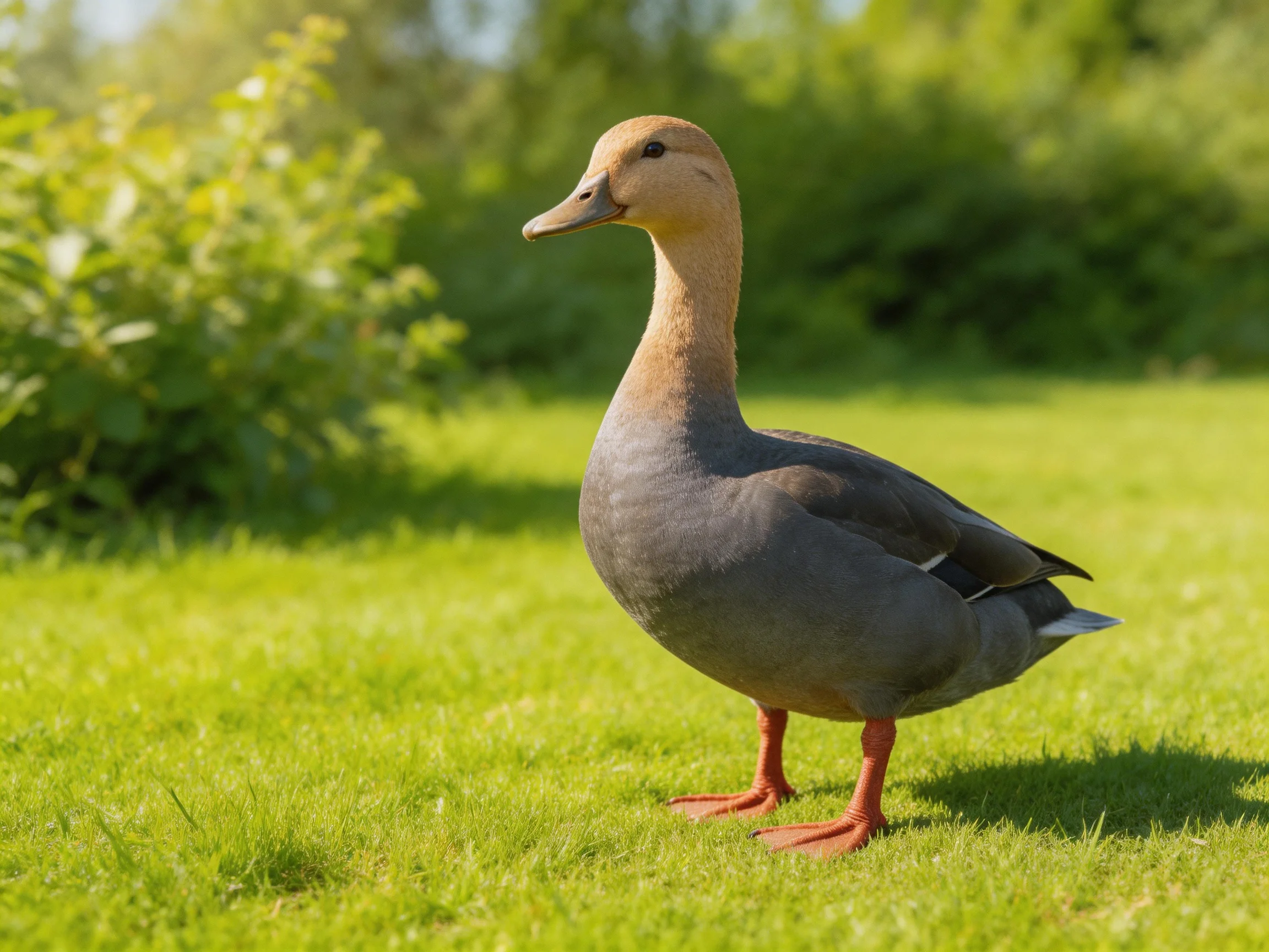 A gray duck with tan head stands on vibrant green grass near leafy bushes