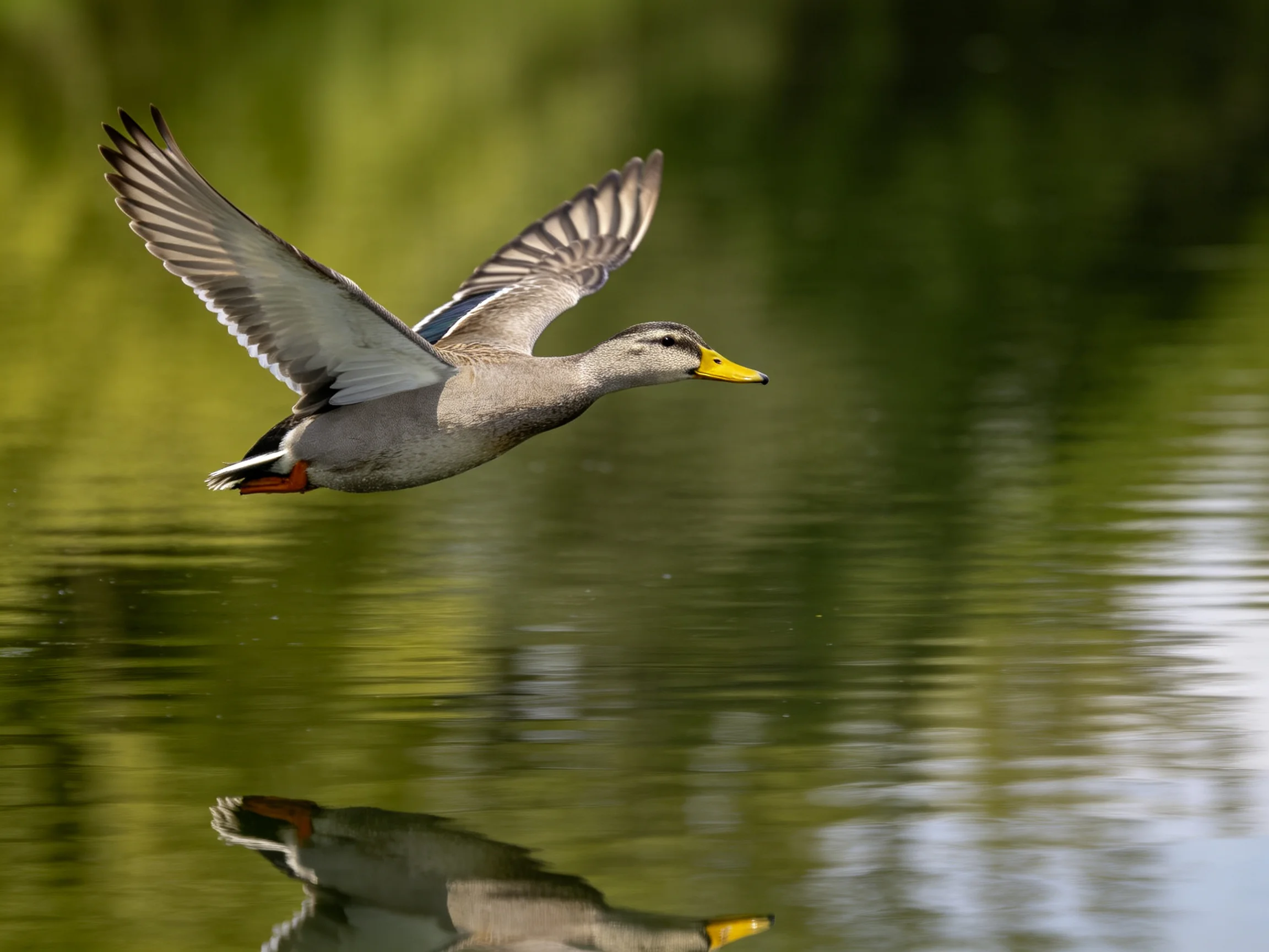 A gray duck with yellow beak flies low over calm water with reflection