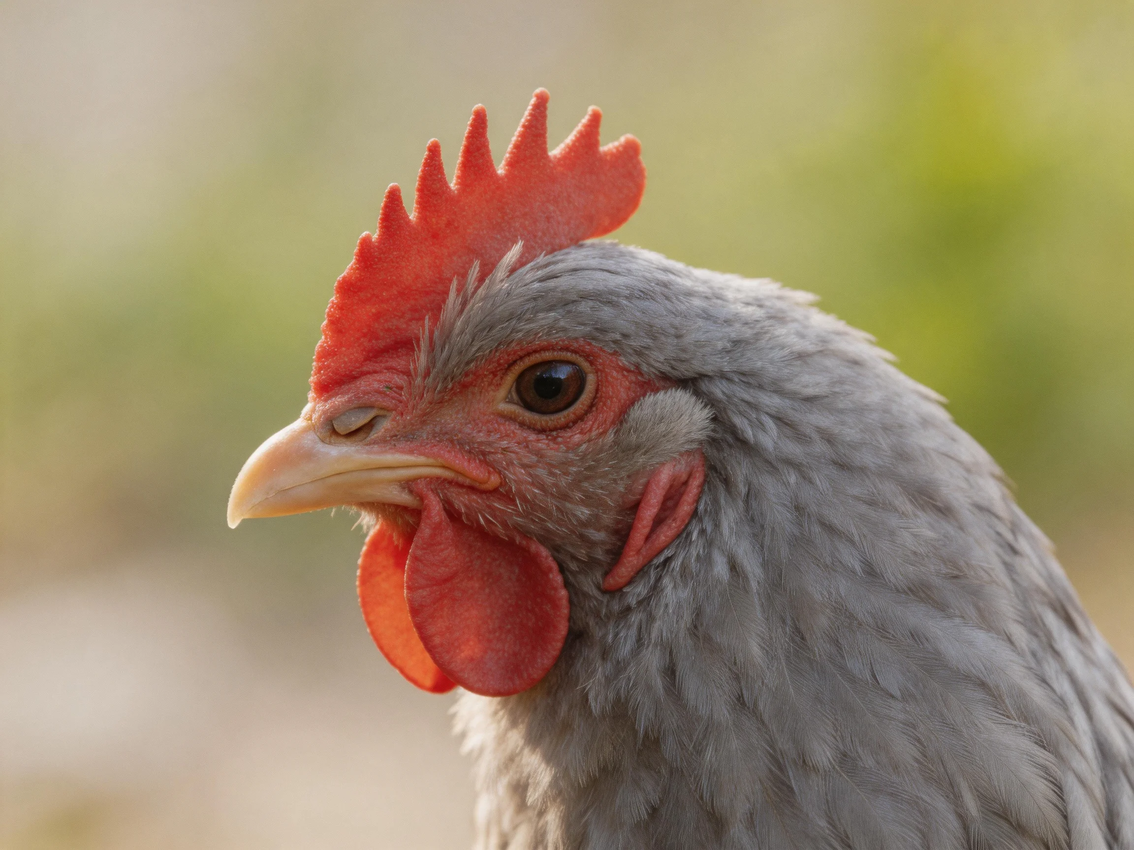 A gray-feathered chicken with vibrant red comb and wattles