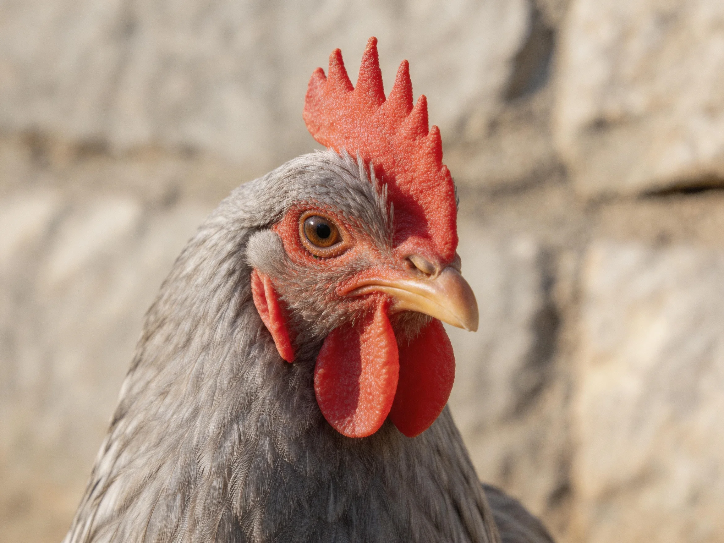 A gray-feathered chicken with vibrant red comb and wattles near stone wall