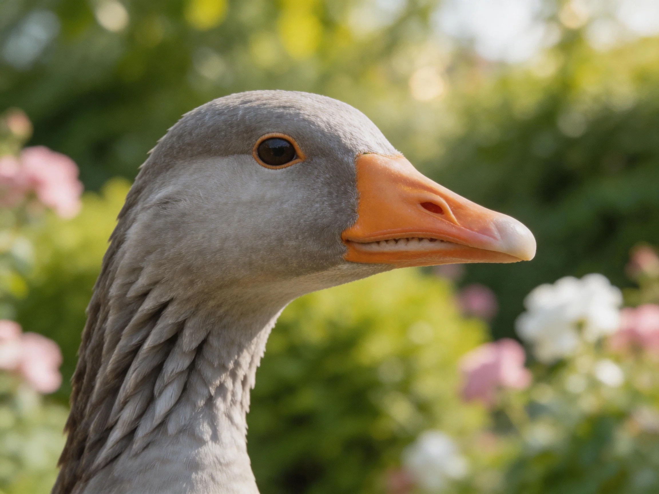 A gray-feathered goose with bright orange beak near pink and white flowers