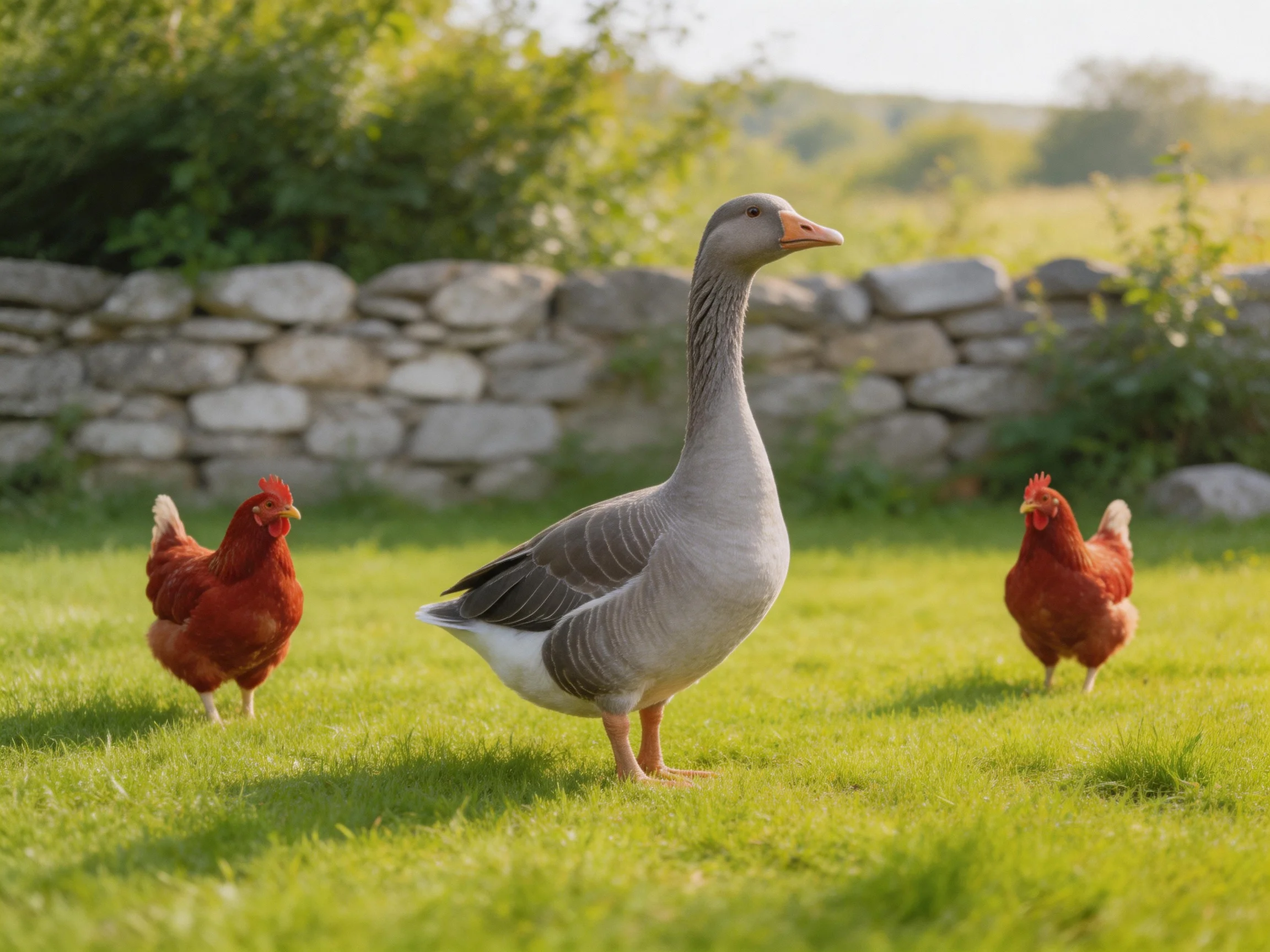 A gray goose and two reddish-brown hens on a sunlit green lawn