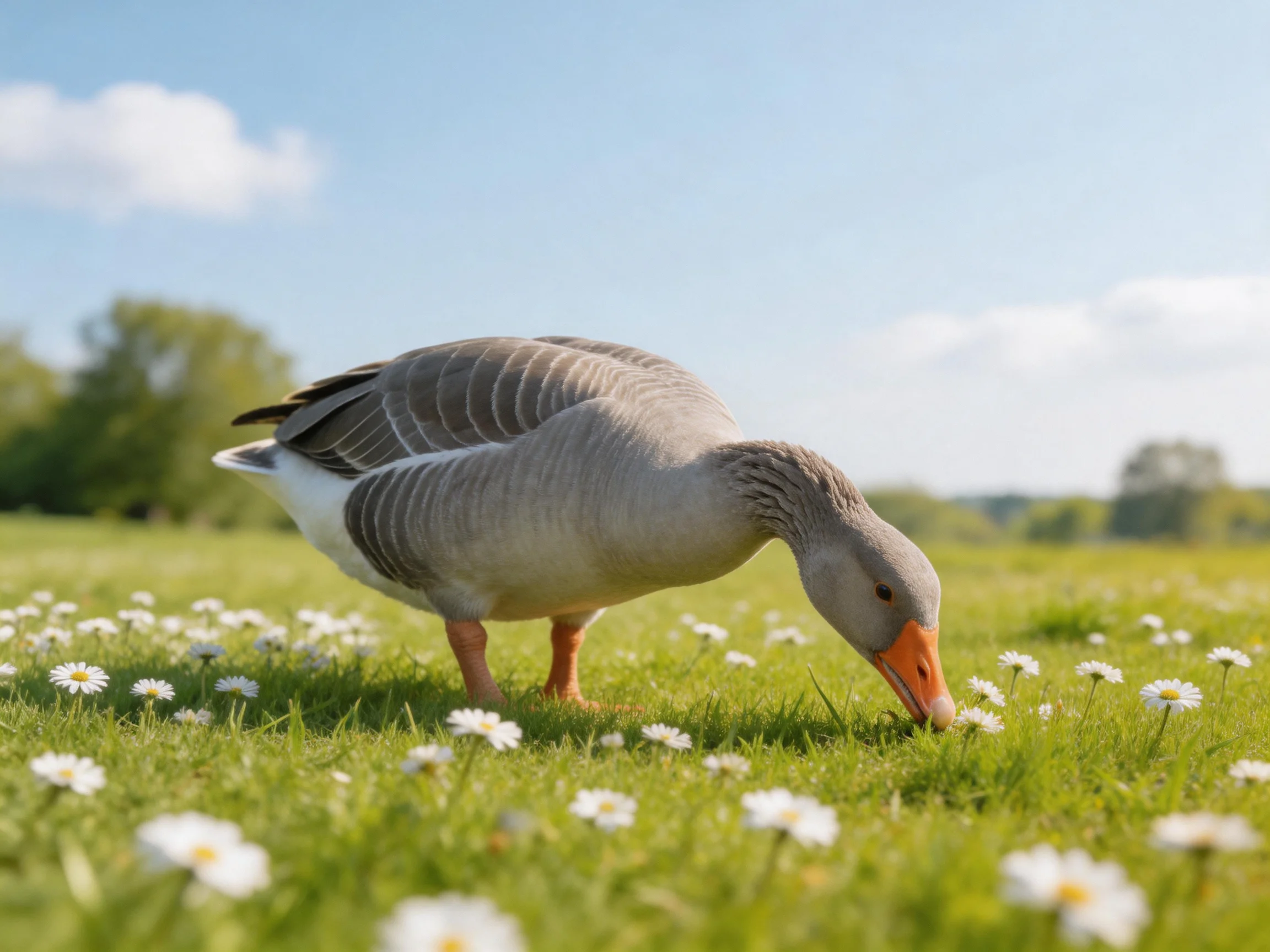 A gray goose forages among white daisies in a lush green meadow