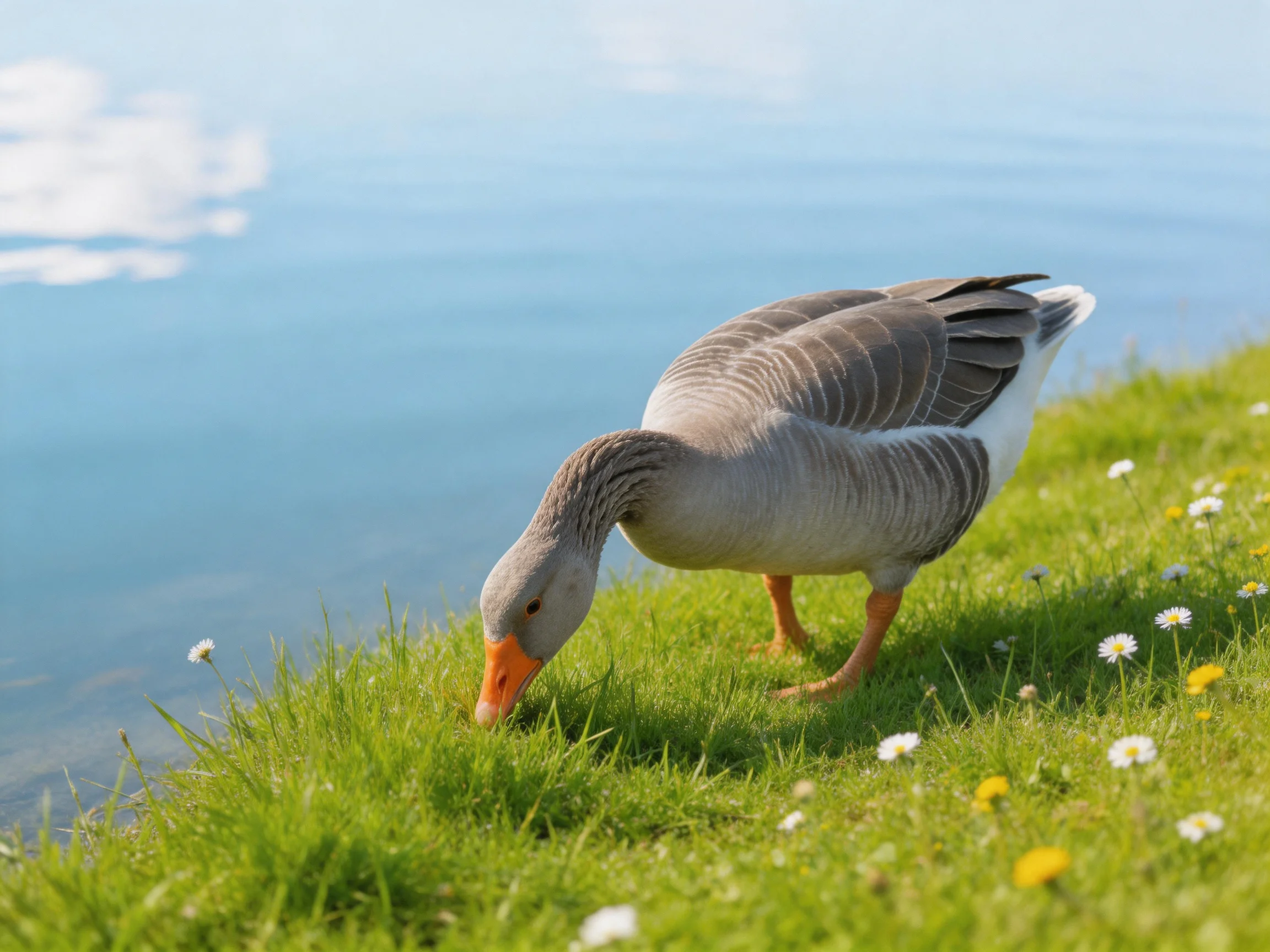 A gray goose forages near blue water with green grass and white flowers
