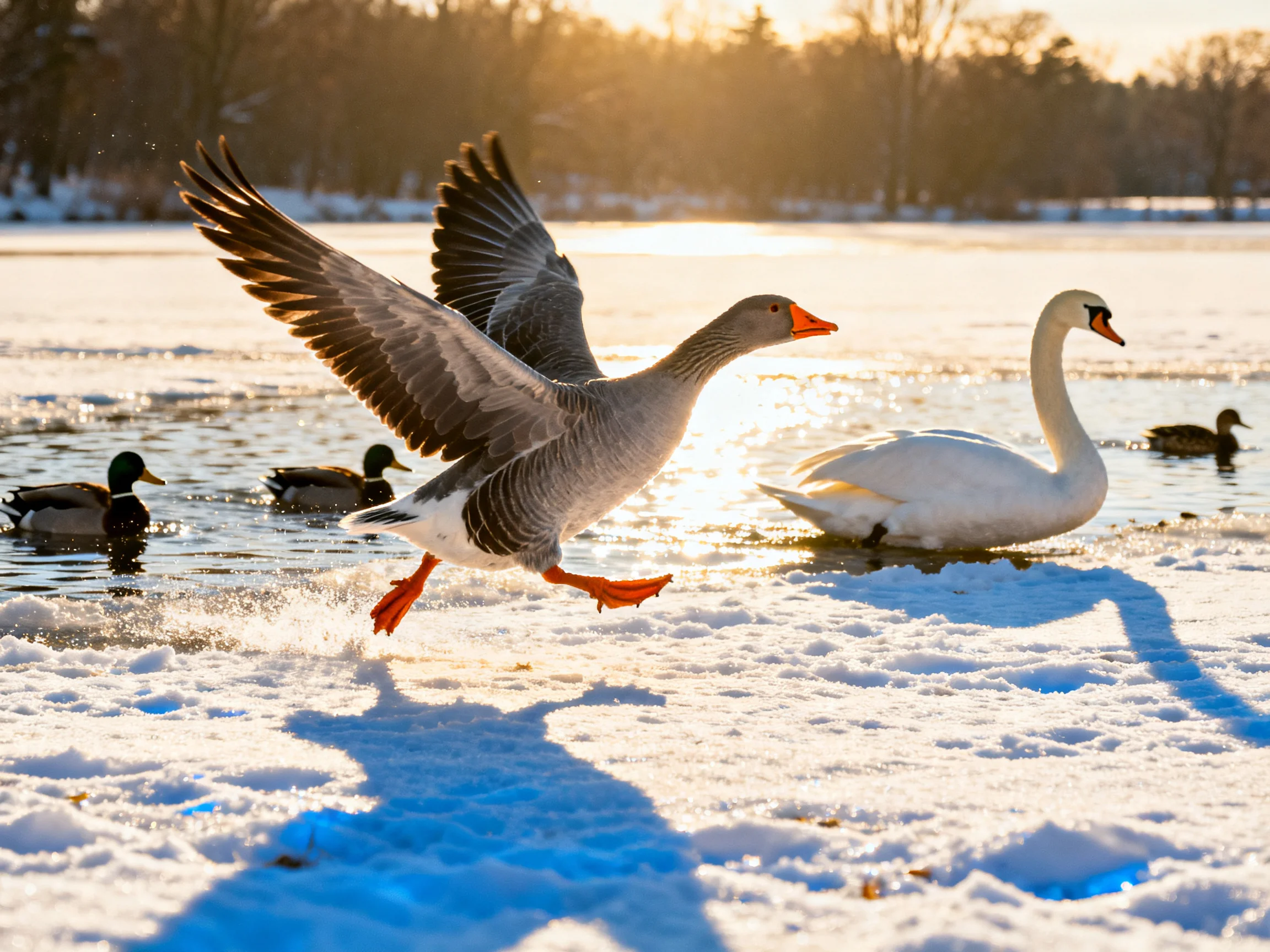 A gray goose lands near a white swan and ducks on snowy water