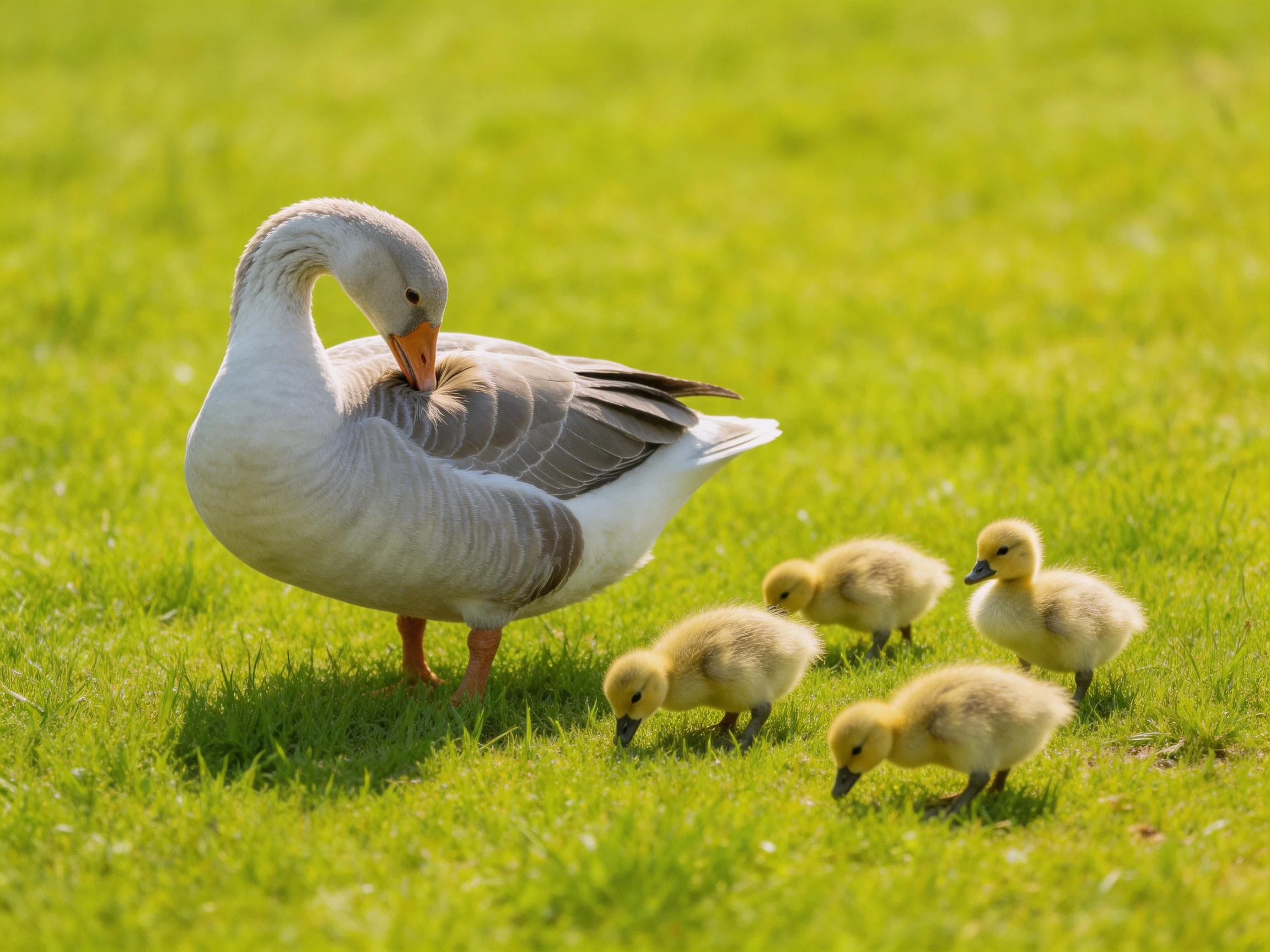 A gray goose preening beside four yellow goslings on bright green grass