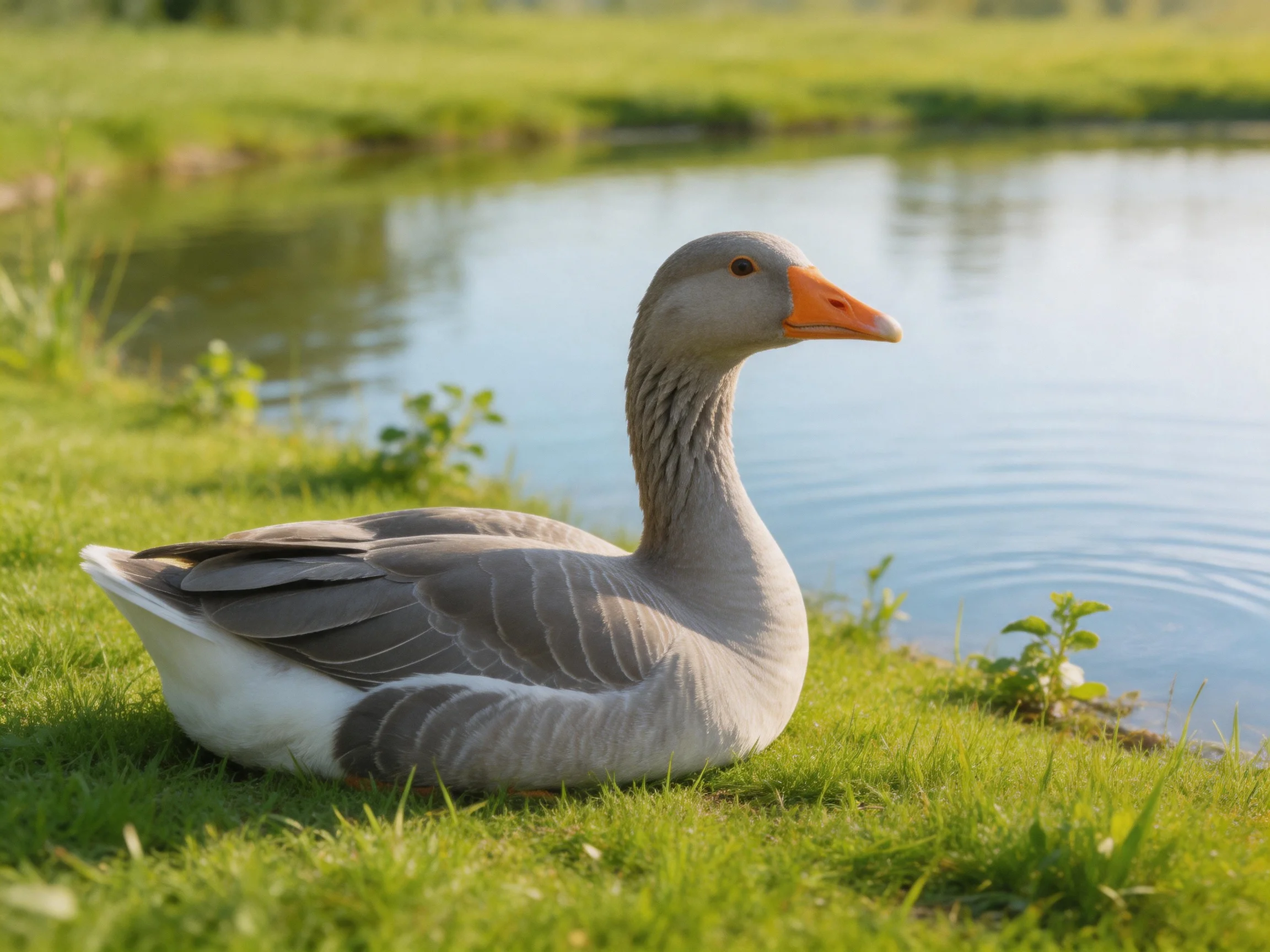 A gray goose sits peacefully on grass near a tranquil pond.