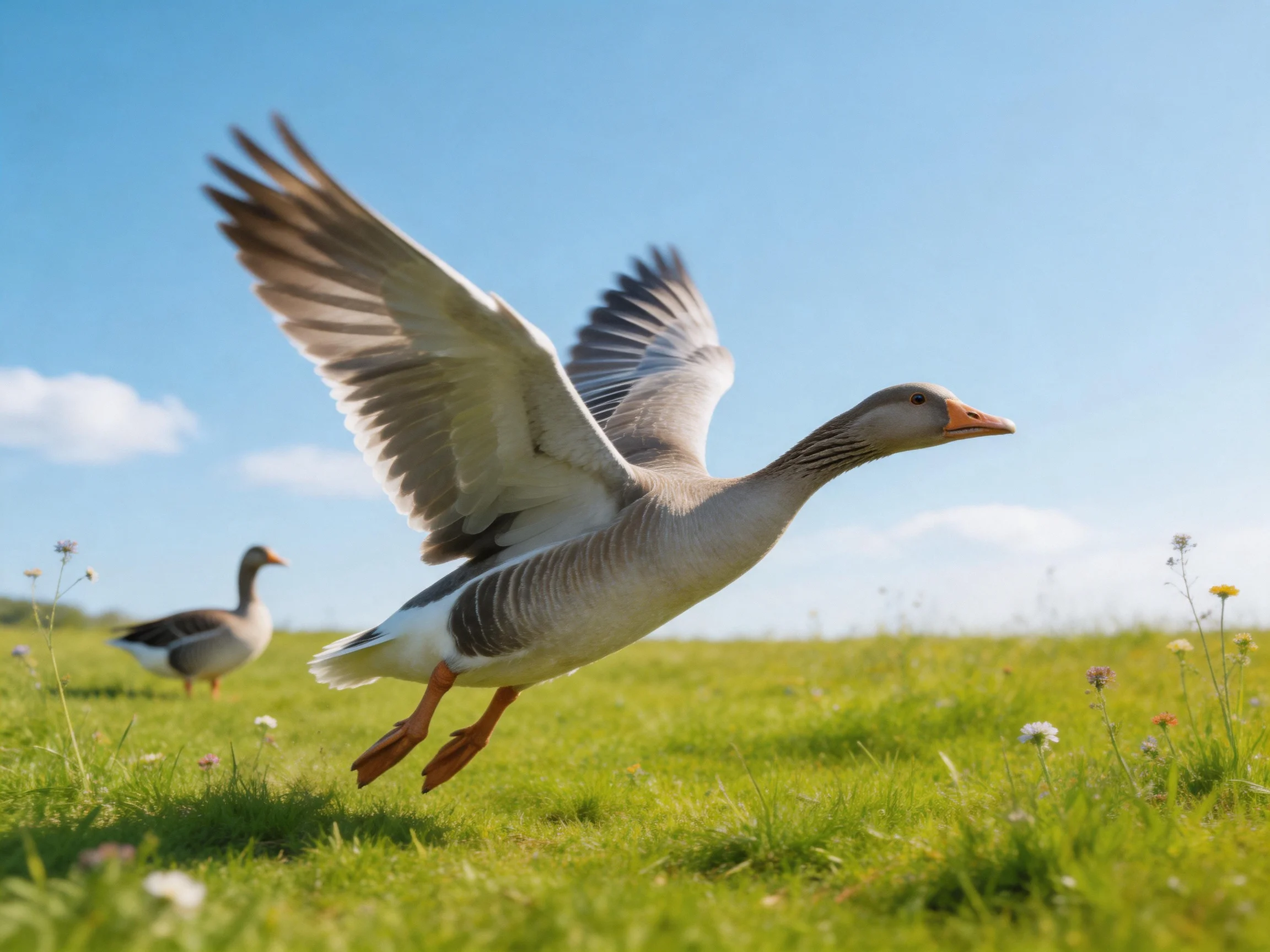 A gray goose soars over a flowered meadow with another goose
