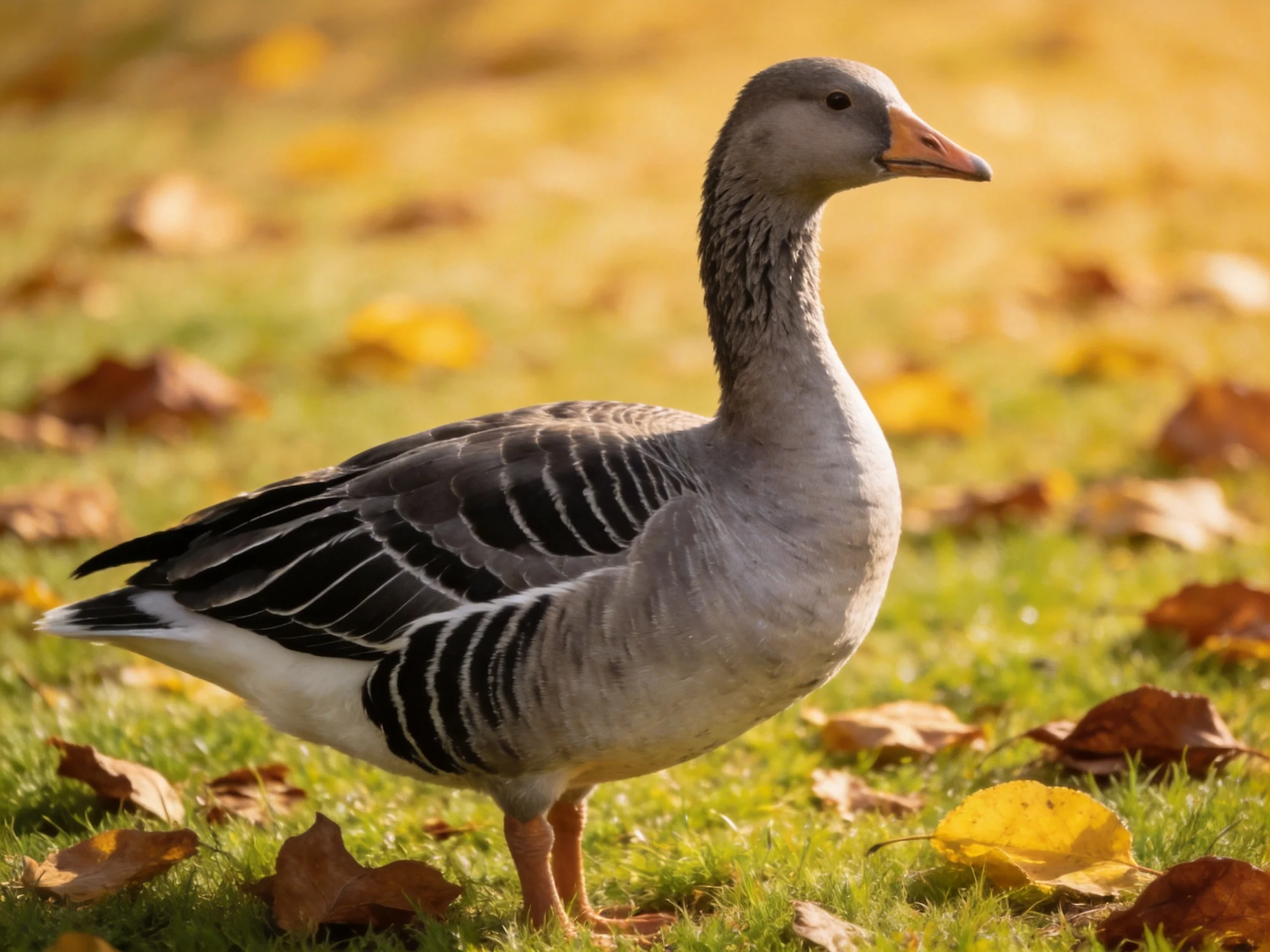A gray goose stands among scattered autumn leaves on green grass