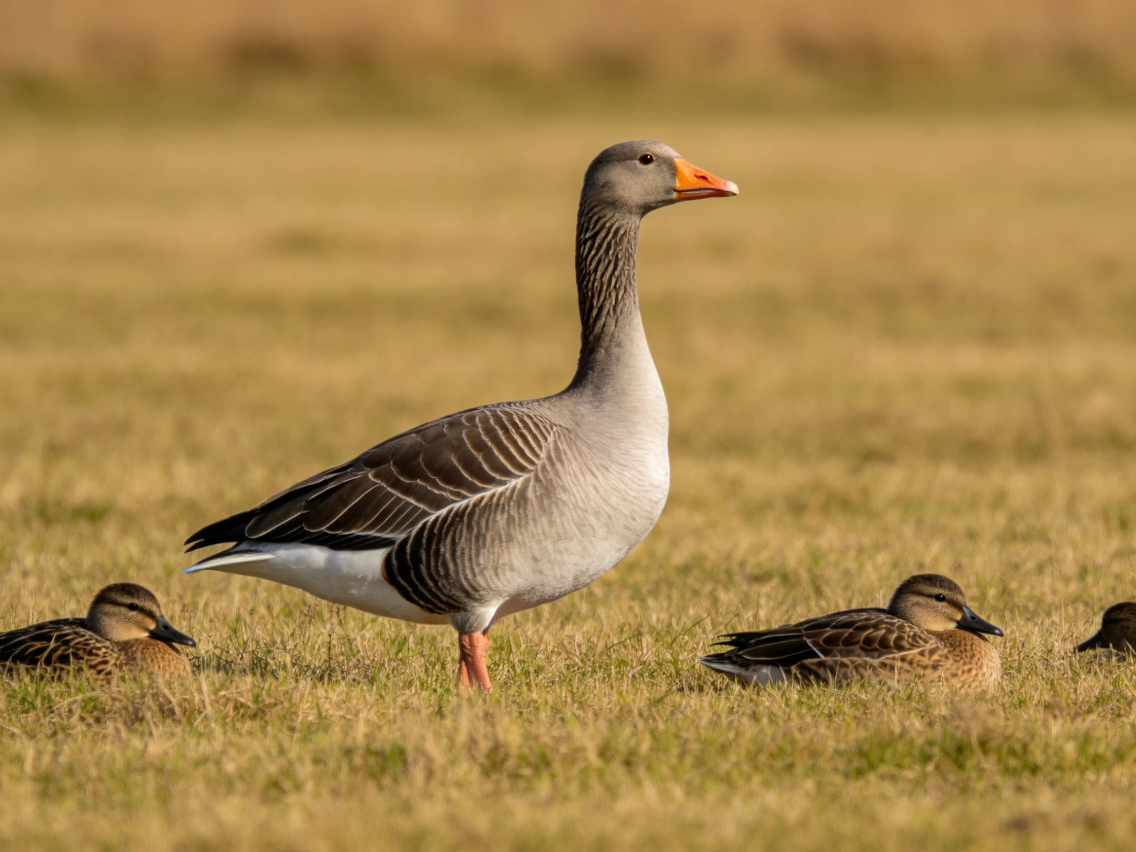 A gray goose stands among two brown ducks in a sunlit grassy field